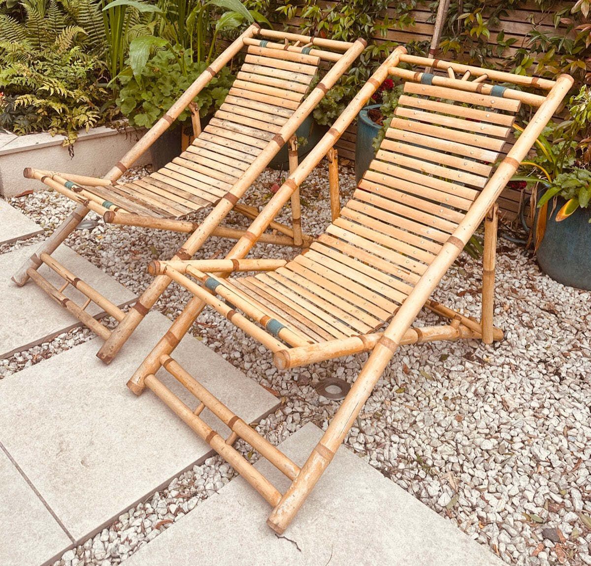 Pair Of 1980s Rustic Italian Golden Bamboo Deck Chairs Or Sun Loungers photo for sale