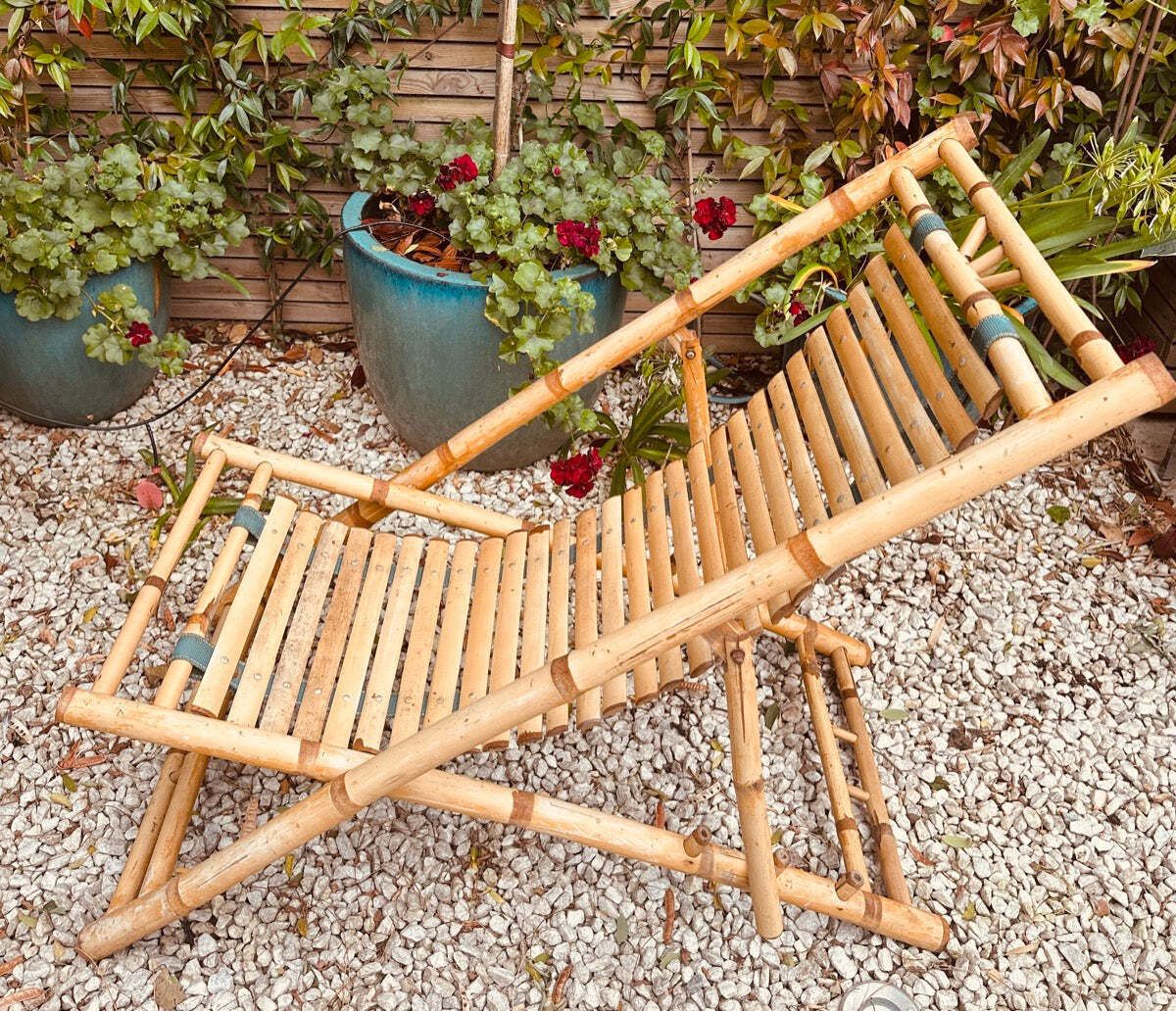 photo for sale Pair Of 1980s Rustic Italian Golden Bamboo Deck Chairs Or Sun Loungers