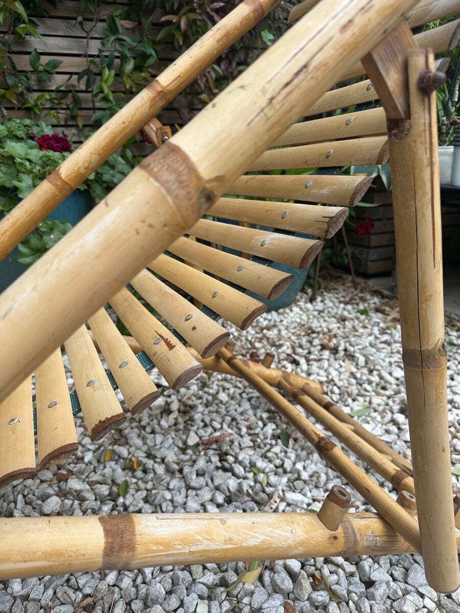 295.0 Pair Of 1980s Rustic Italian Golden Bamboo Deck Chairs Or Sun Loungers photo