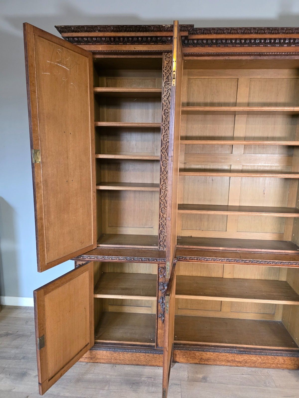 Furniture Antique Country House Pollard Oak Inverted Breakfront Bookcase 1860s photo