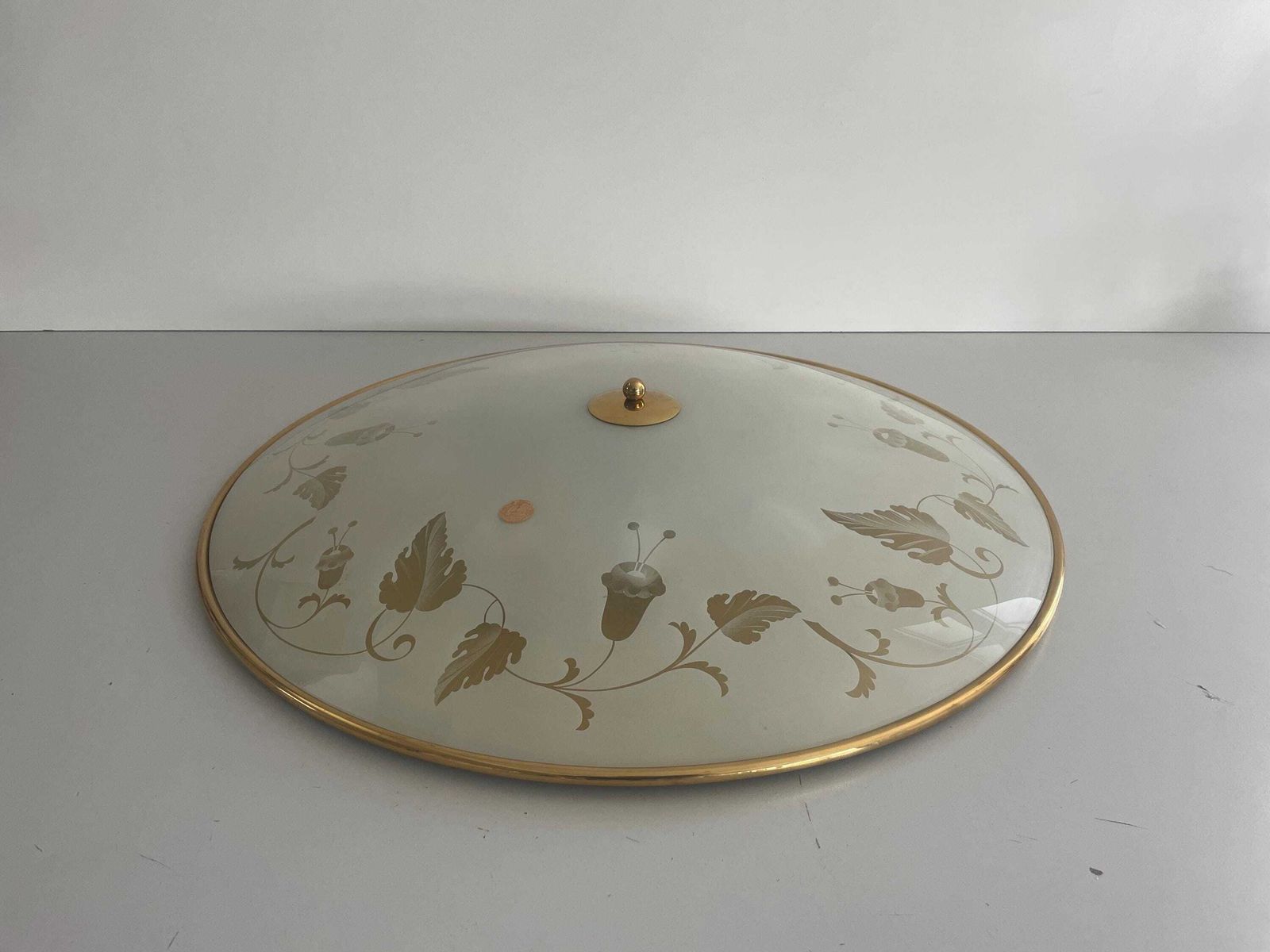 Mid Century Brass And Flower Motifs Print Glass Xxl Cinema Flush Mount Light By Brevettato, 1950s, Italy photo furniture