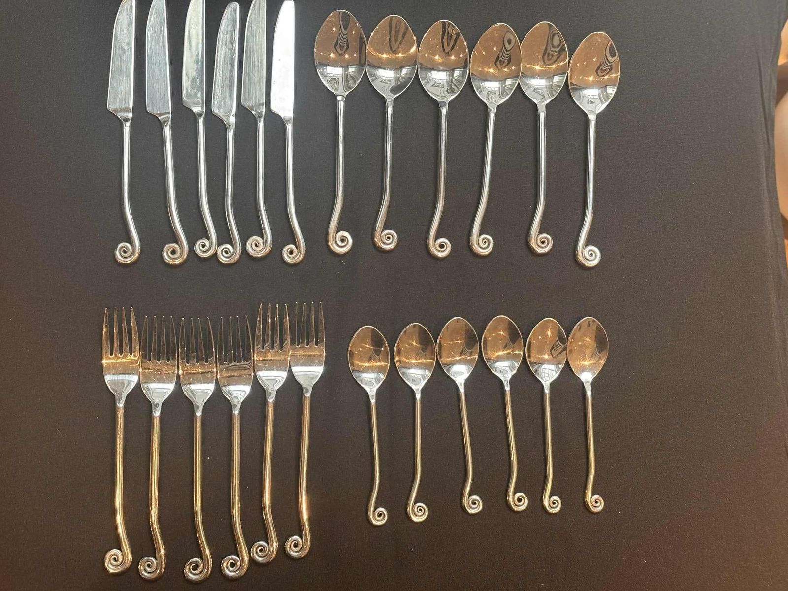Set 24 Flatware Swirl Twist Cutlery French Twisted Ends Spiral Ends Brutalist Decor Medieval Viking Style Handmade 6 Gift Wedding photo for sale