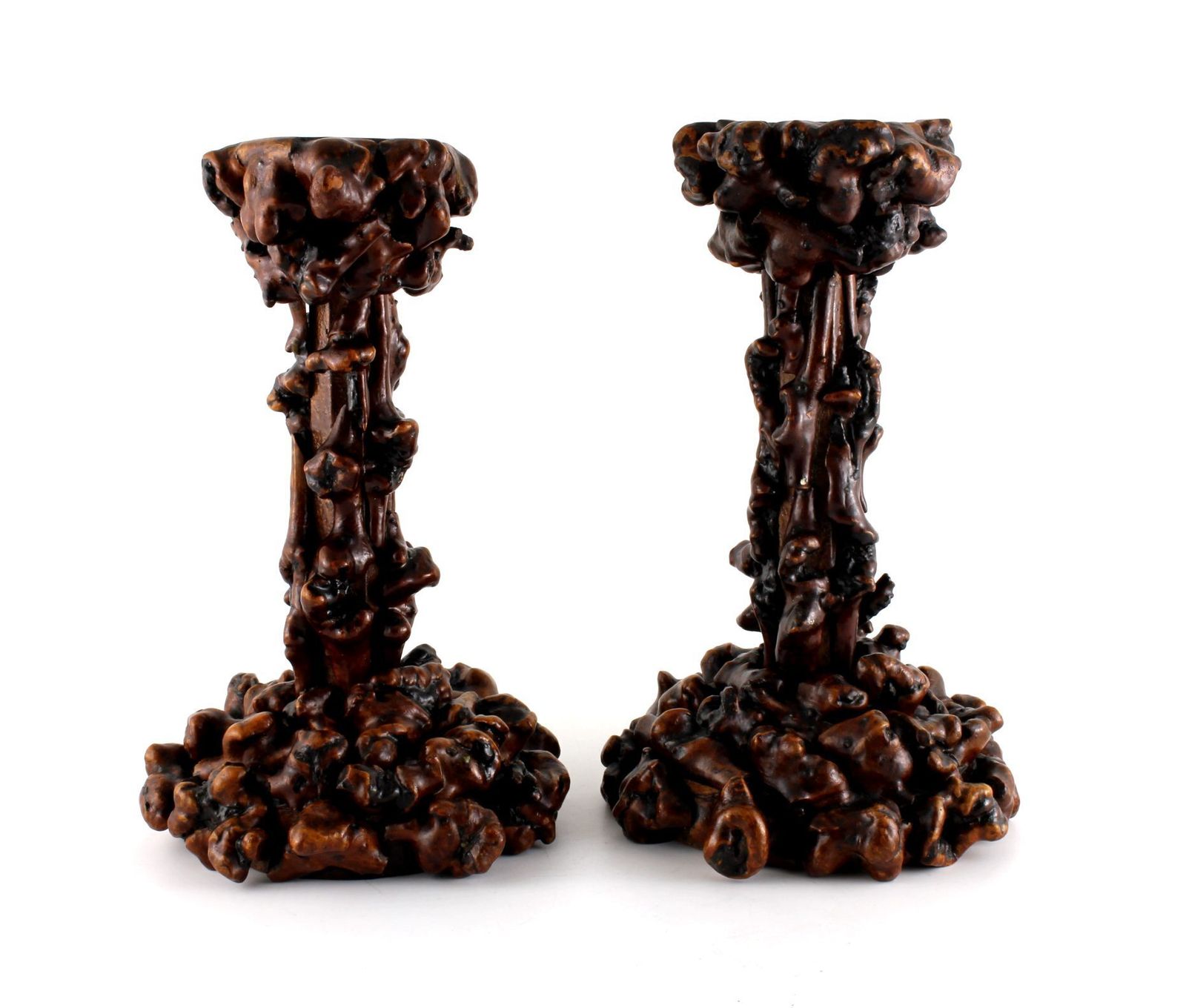 Pair Antique Rootwood Candlesticks. Folk Art Black Forest Candle Stand. photo furniture