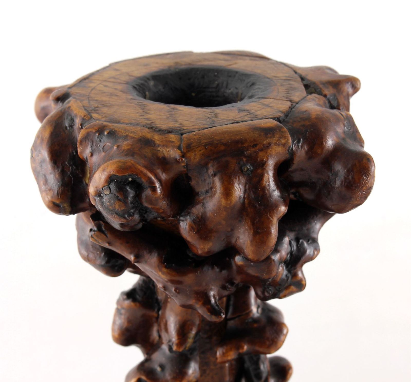 Pair Antique Rootwood Candlesticks. Folk Art Black Forest Candle Stand. photo vinterior