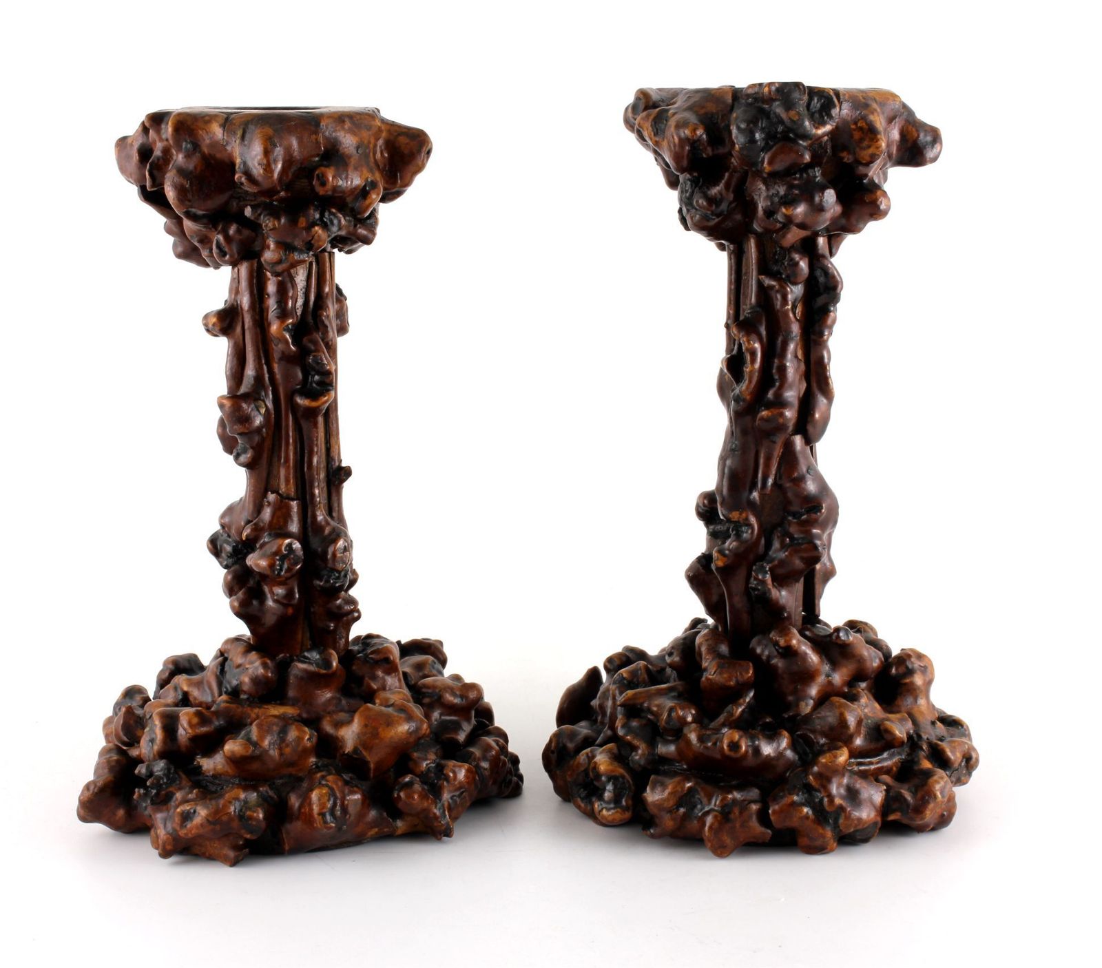 Pair Antique Rootwood Candlesticks. Folk Art Black Forest Candle Stand. photo vintage