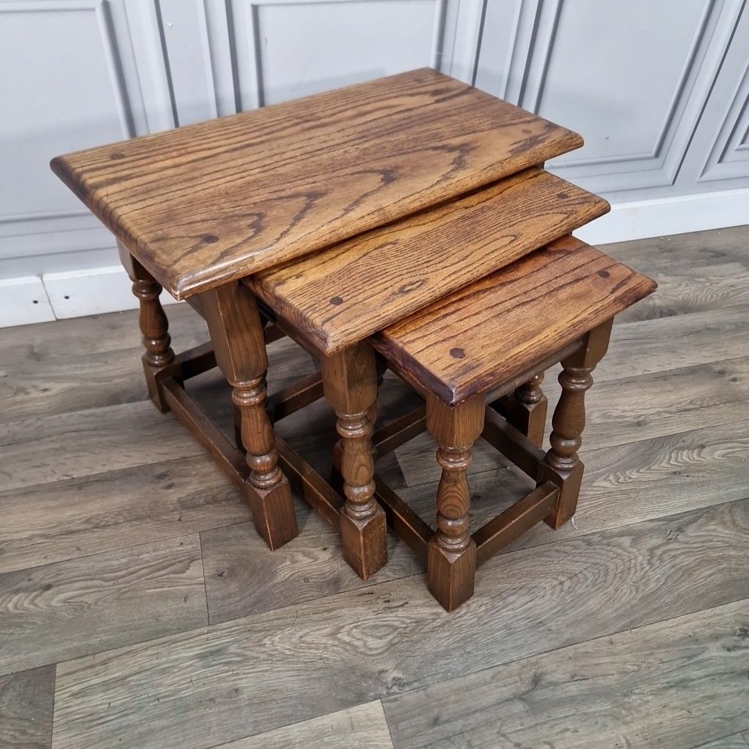 Vintage Old Charm Solid Oak Nest Of Tables Wood Bros – Wooden Jointing Side photo Furniture