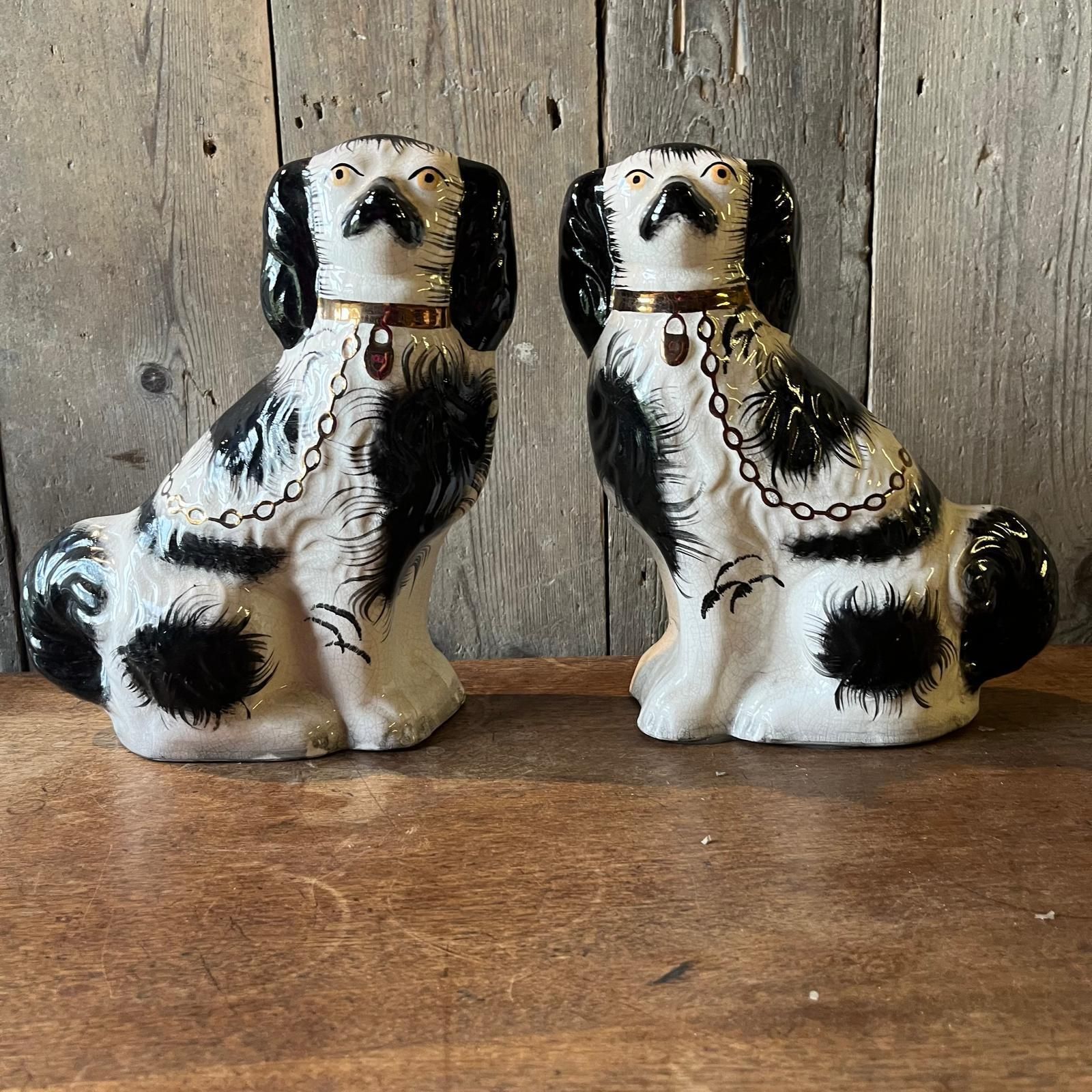 Pair Of Staffordshire Black Spotted Spaniel Ceramic Dogs