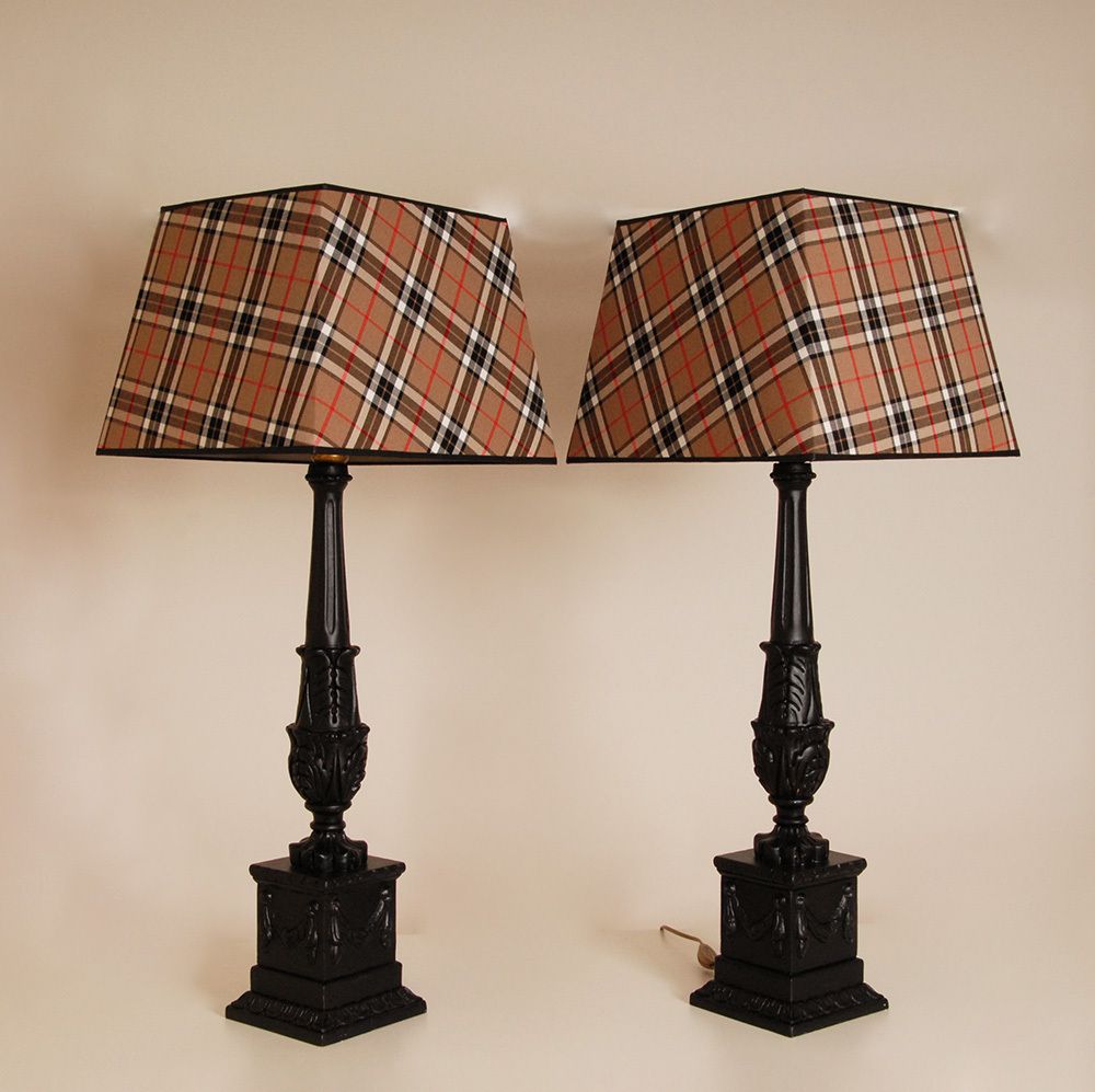 French Table Lamps With Black Tartan Lampshades, 1980s, Set Of 2