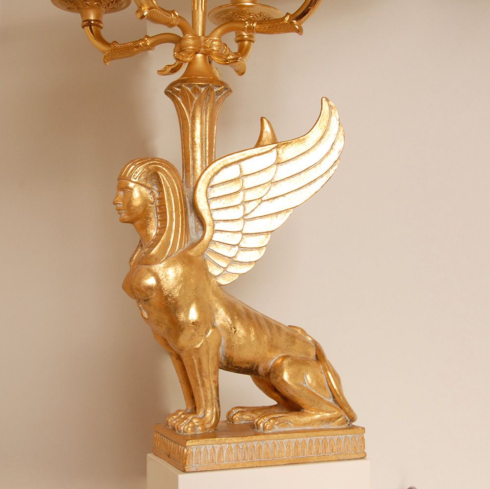 Egyptian Revival Empire Style Bouilotte Lamps With Sphinxes In Gilt Wood And Marble, 1980s, Set Of 2 photo vinterior