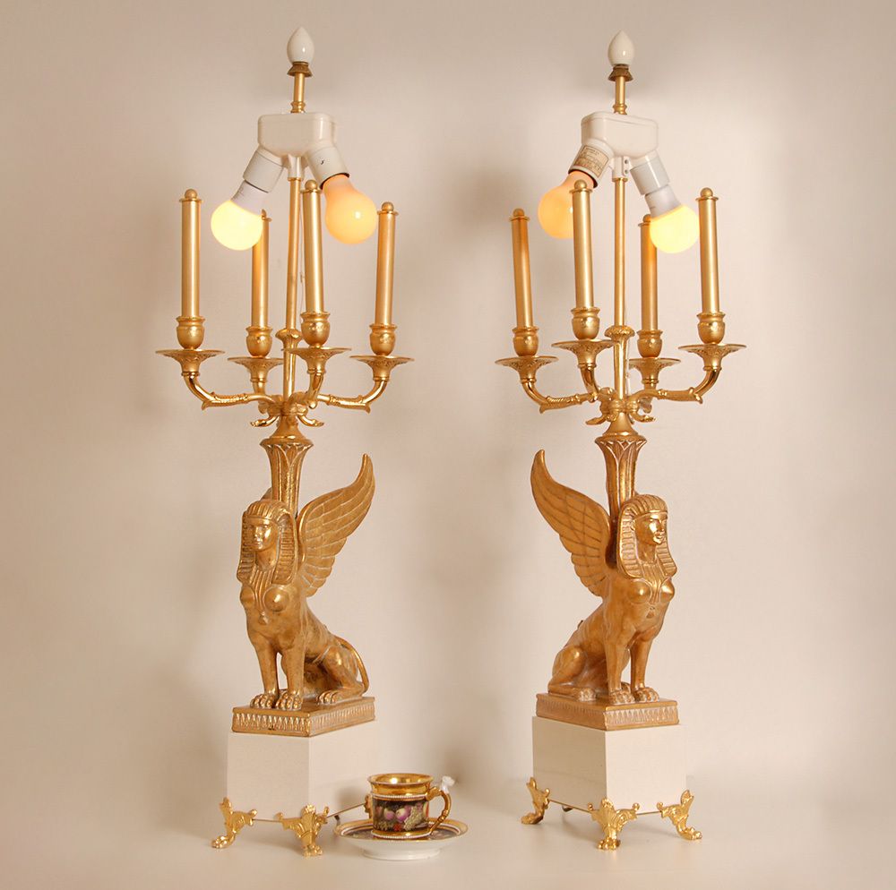 photo for sale Egyptian Revival Empire Style Bouilotte Lamps With Sphinxes In Gilt Wood And Marble, 1980s, Set Of 2