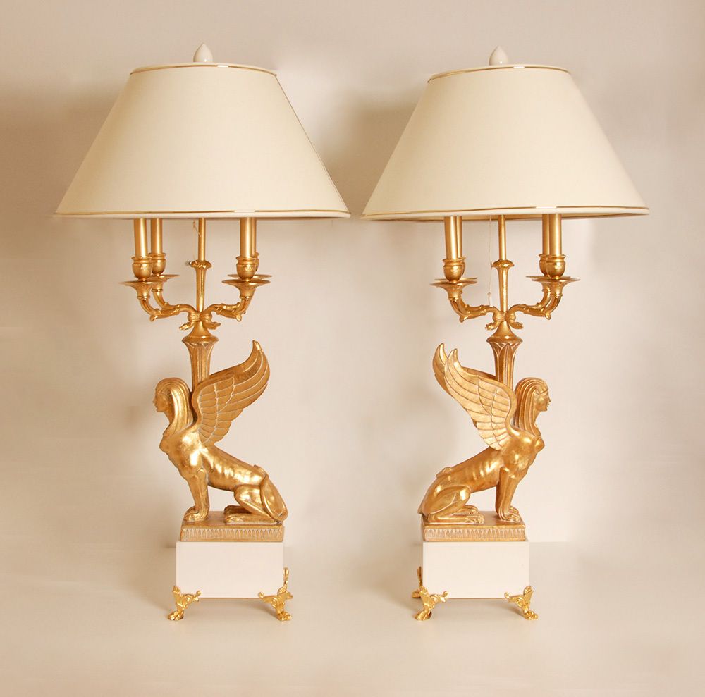 5310.0 Egyptian Revival Empire Style Bouilotte Lamps With Sphinxes In Gilt Wood And Marble, 1980s, Set Of 2 photo