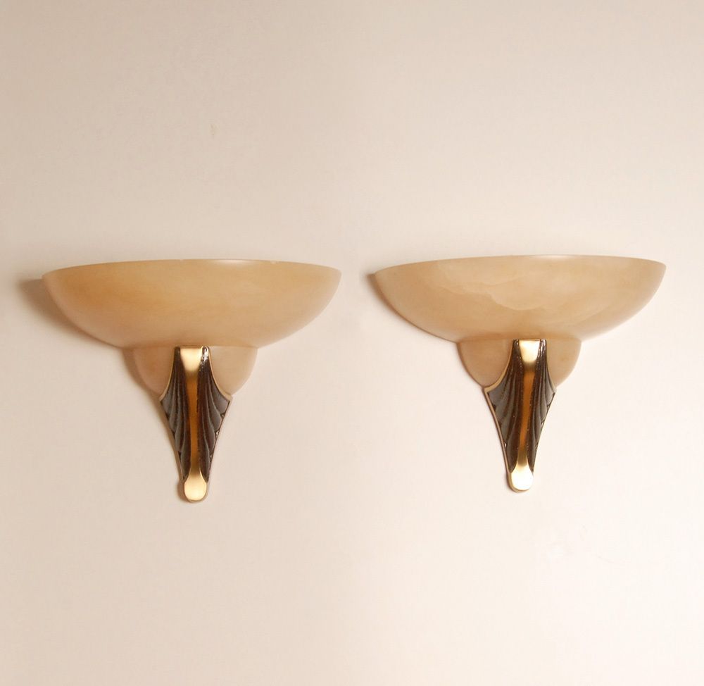 Mid Century Revival Art Deco Style Wall Lamps In Marble, Alabaster And Bronze From Maitland Smith, 1970s, Set Of 2