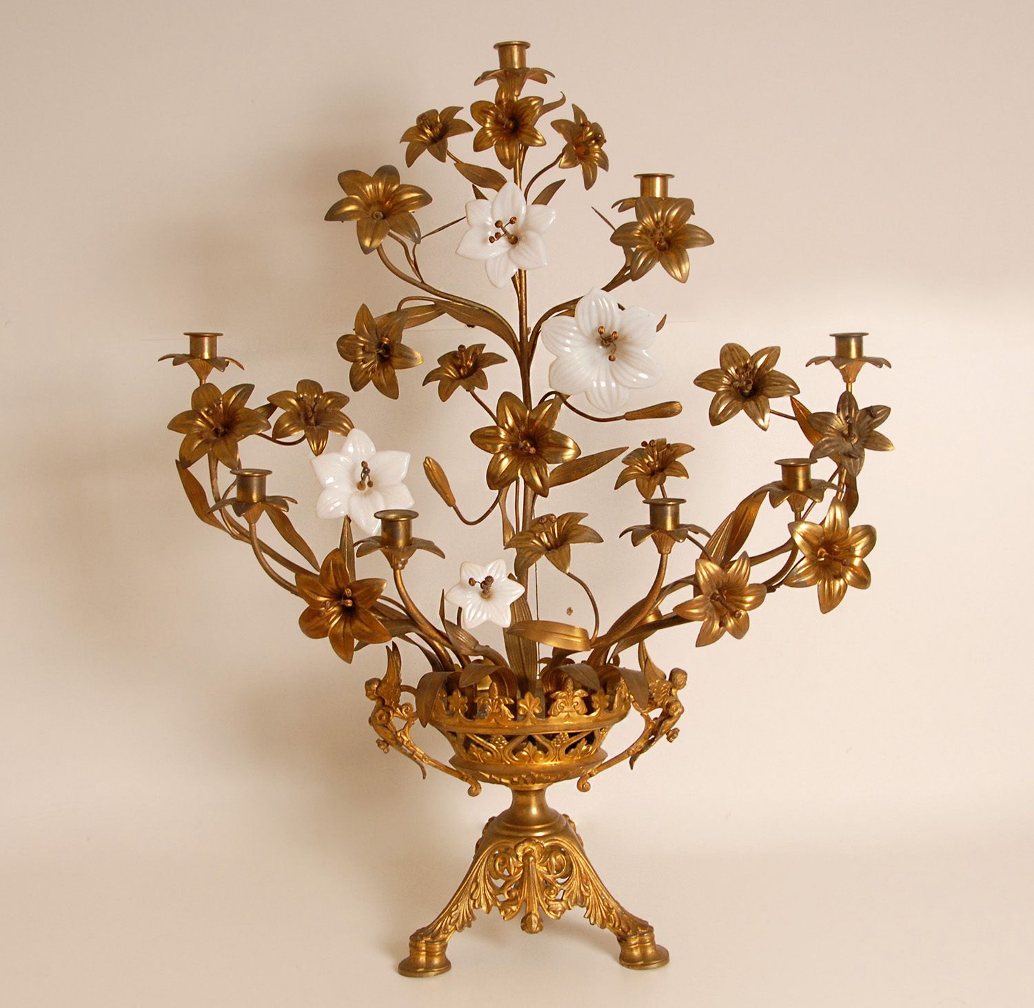 French Church Candelabra In Gold Bronze And Brass White Opaline Glass Flowers, 1890s, Set Of 2 photo buy