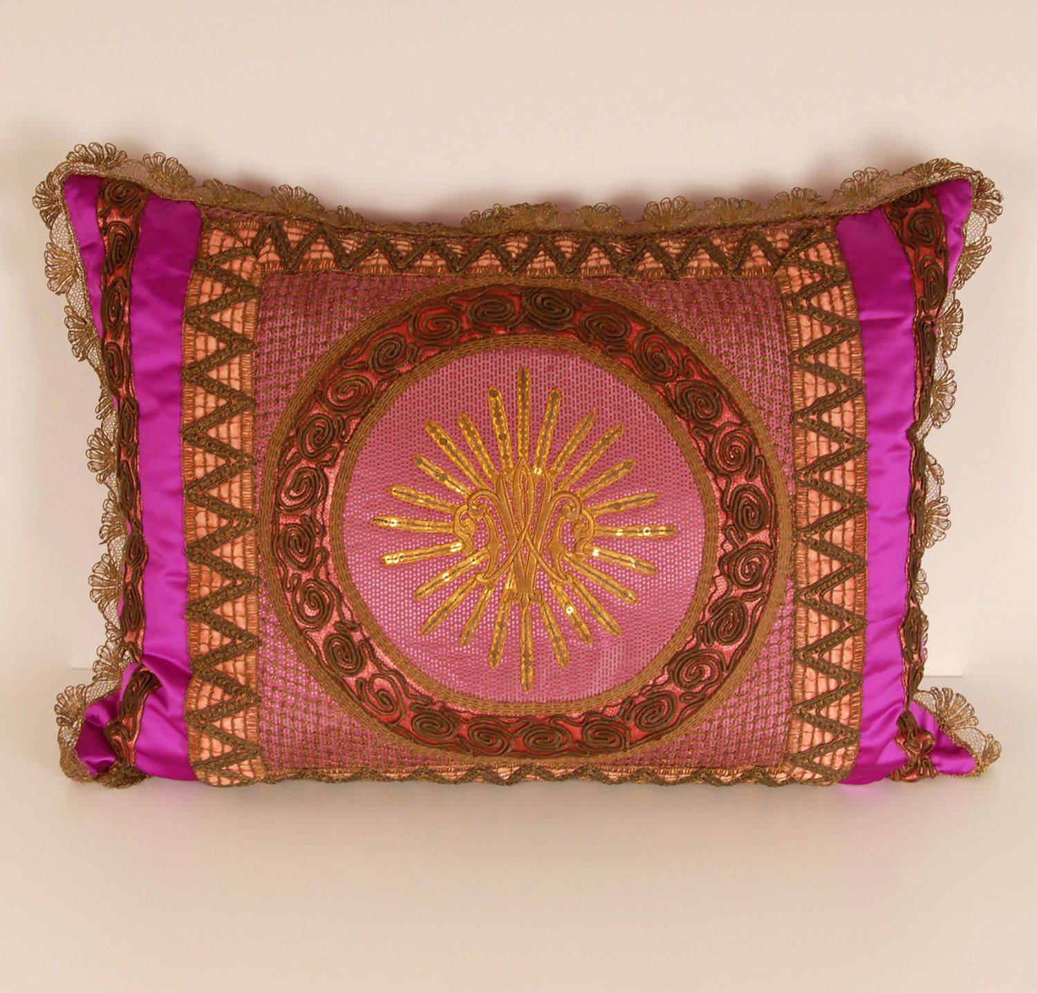 Napoleonic Empire Cushion Cannetille Metallic Embroidery Gold Thread French Silk Cushion Cover In Magenta
