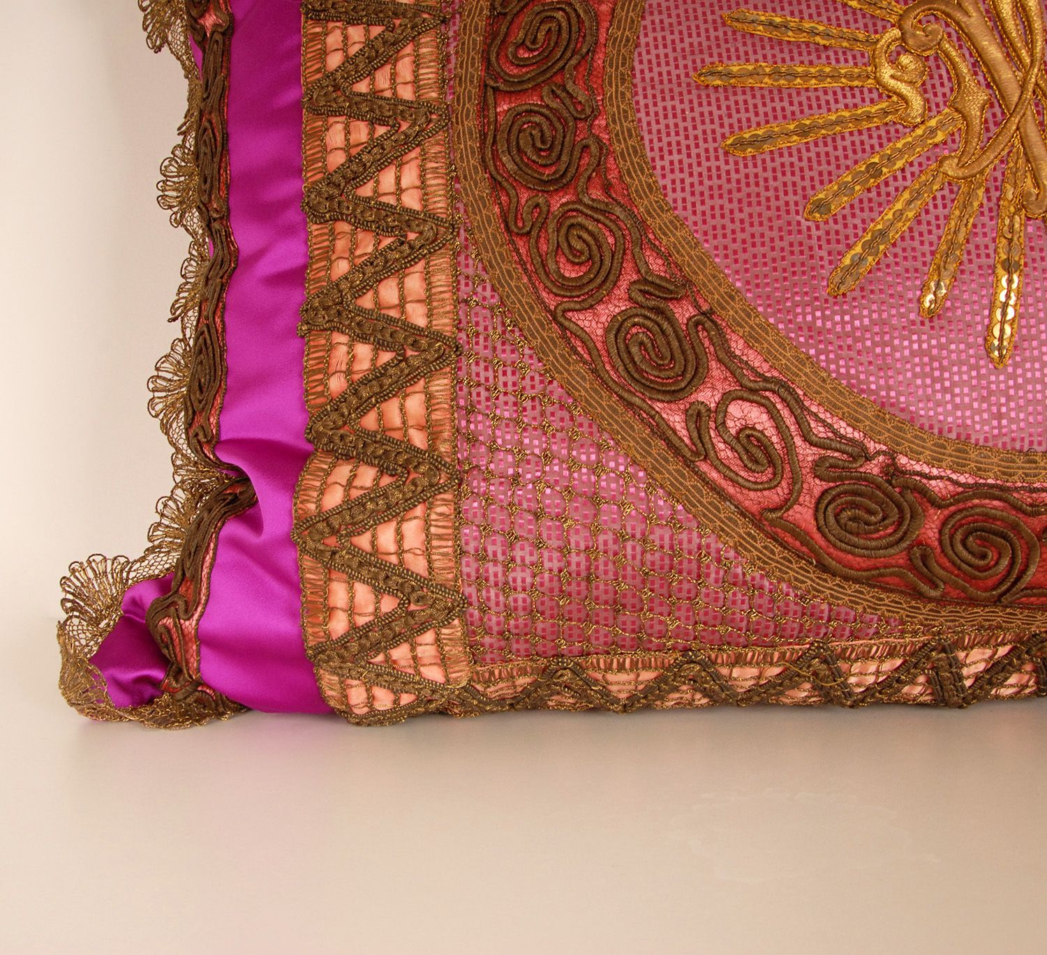 Napoleonic Empire Cushion Cannetille Metallic Embroidery Gold Thread French Silk Cushion Cover In Magenta photo for sale