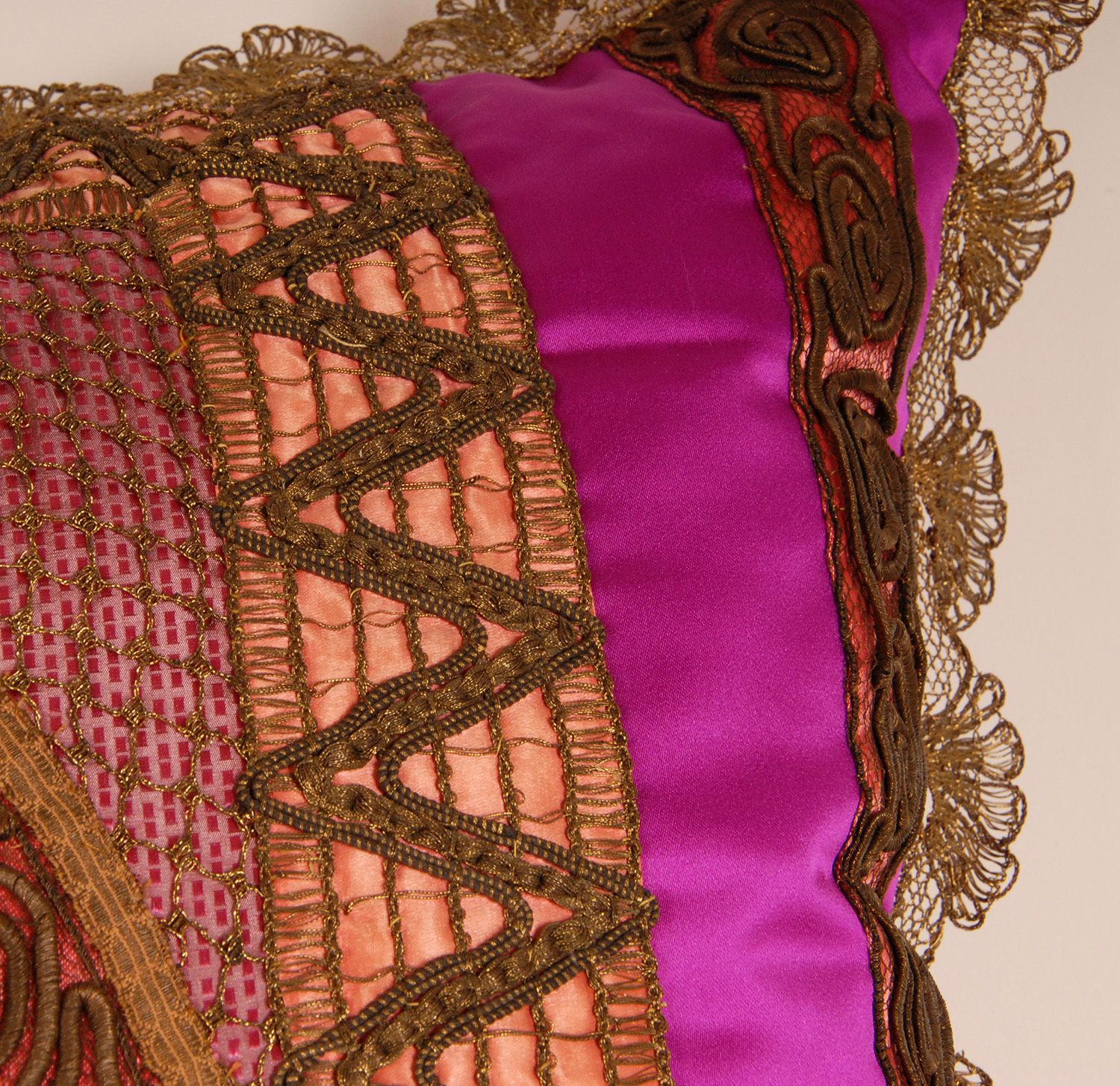Napoleonic Empire Cushion Cannetille Metallic Embroidery Gold Thread French Silk Cushion Cover In Magenta photo vinterior