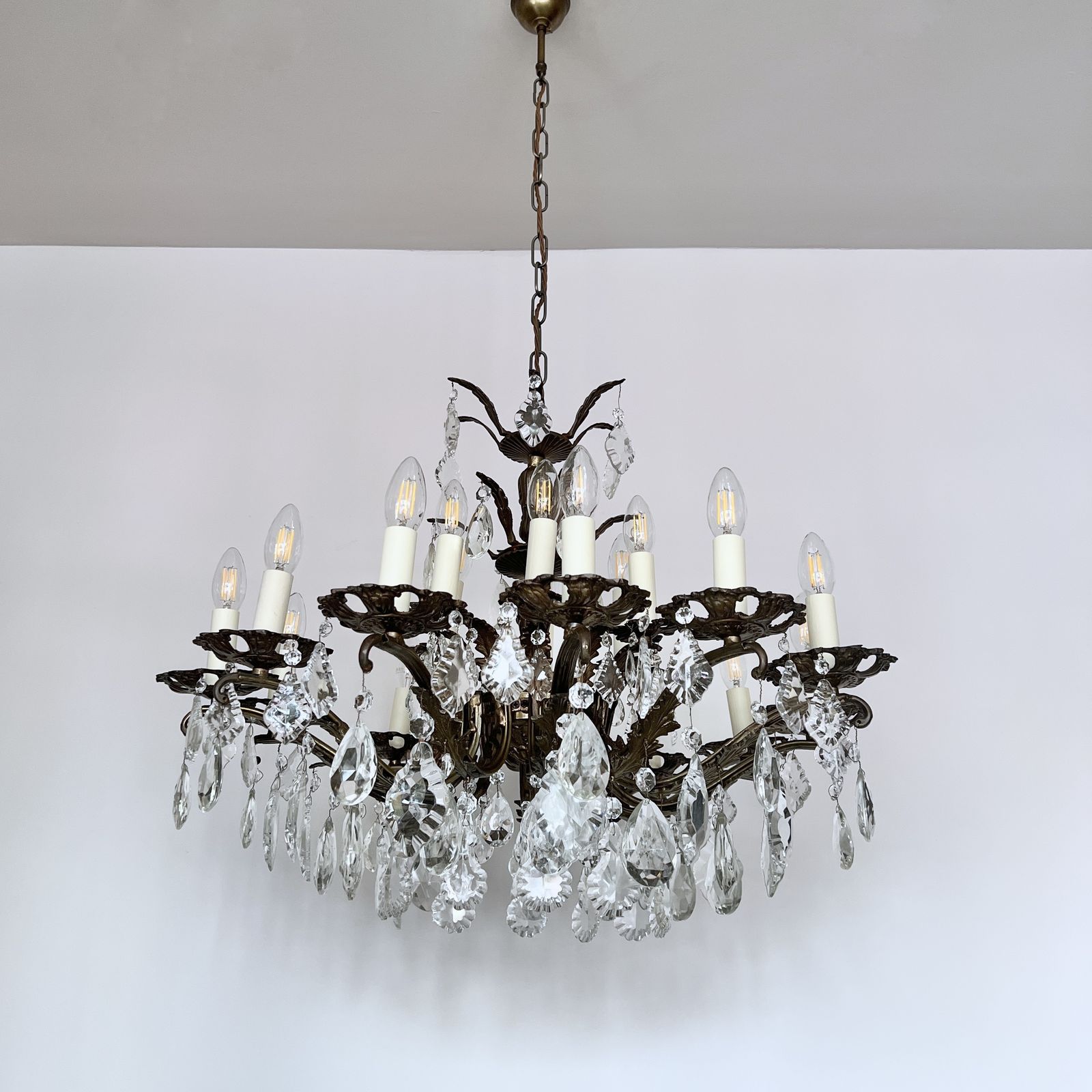 Large Brass Chandelier With Glass Flat Leaf And Cut Glass Pear Drops photo furniture