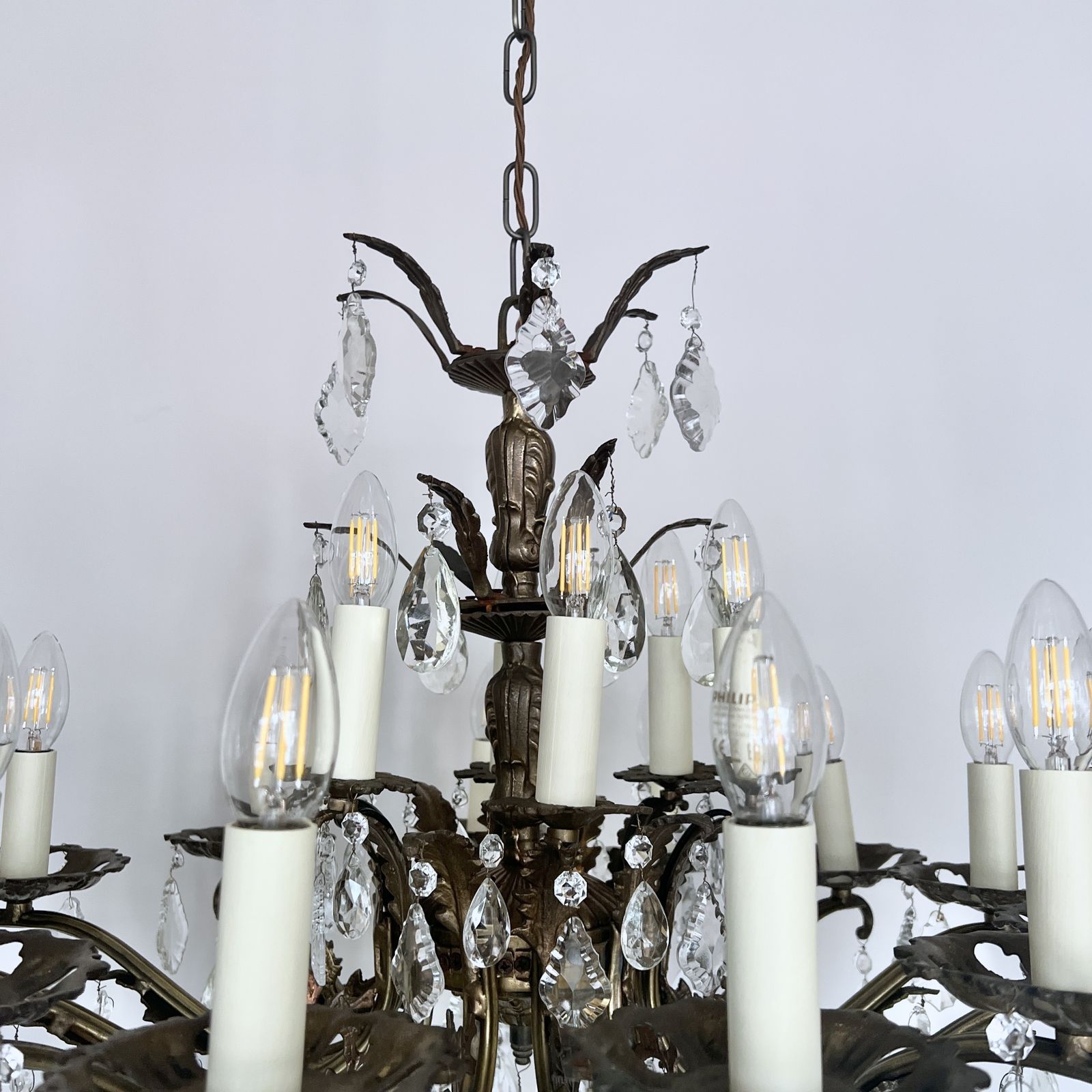Large Brass Chandelier With Glass Flat Leaf And Cut Glass Pear Drops photo vinterior