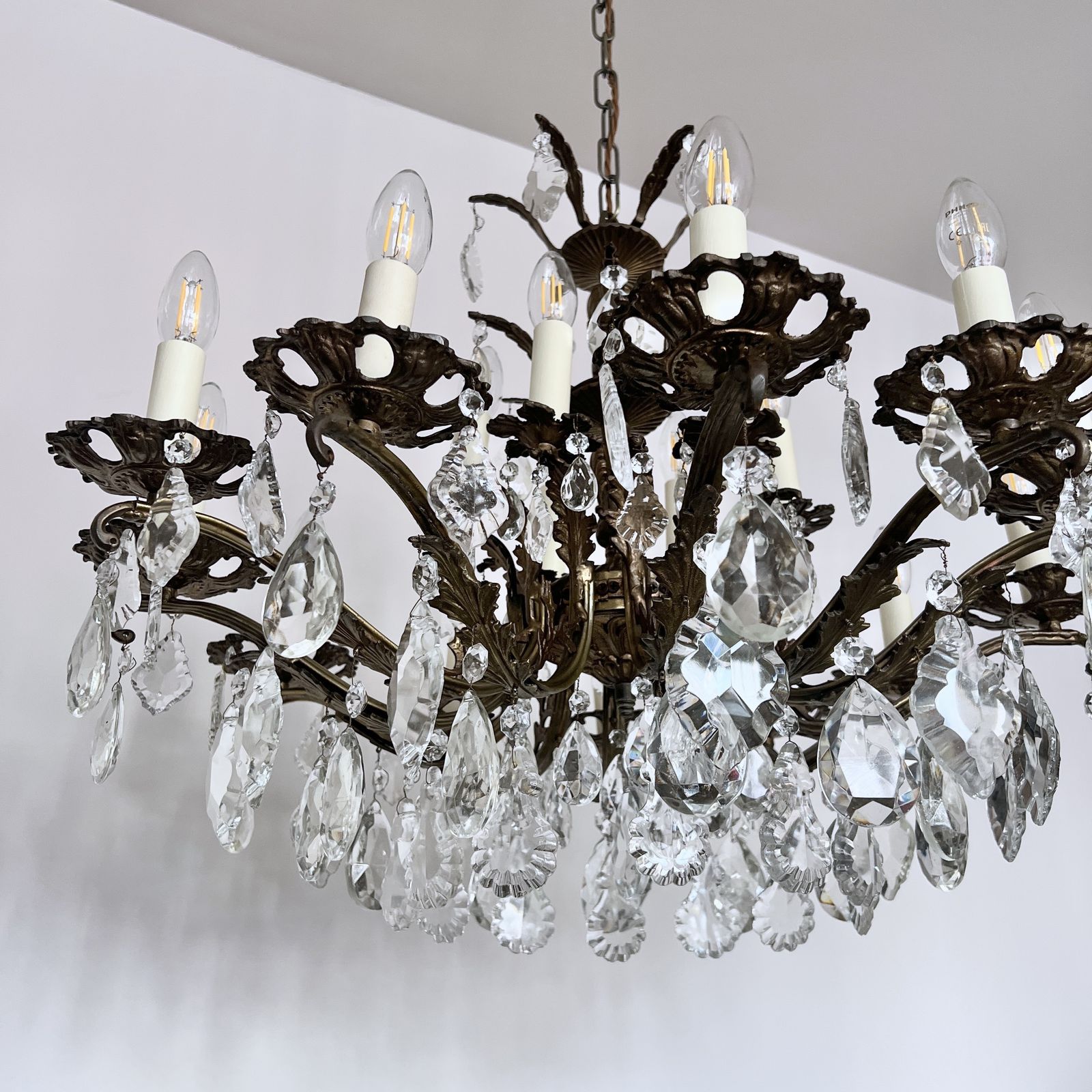 Large Brass Chandelier With Glass Flat Leaf And Cut Glass Pear Drops photo buy