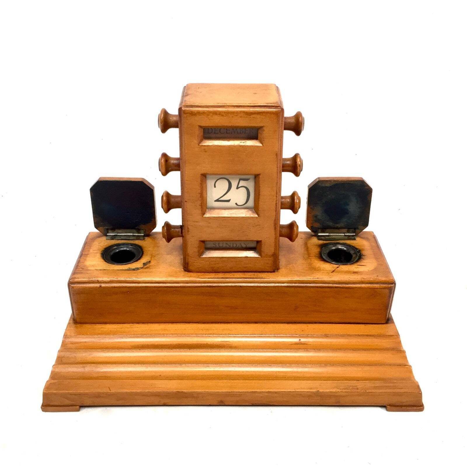 Antique Wooden Office Desktop Stand Art Deco Perpetual Calendar C.1930 Working photo vinterior