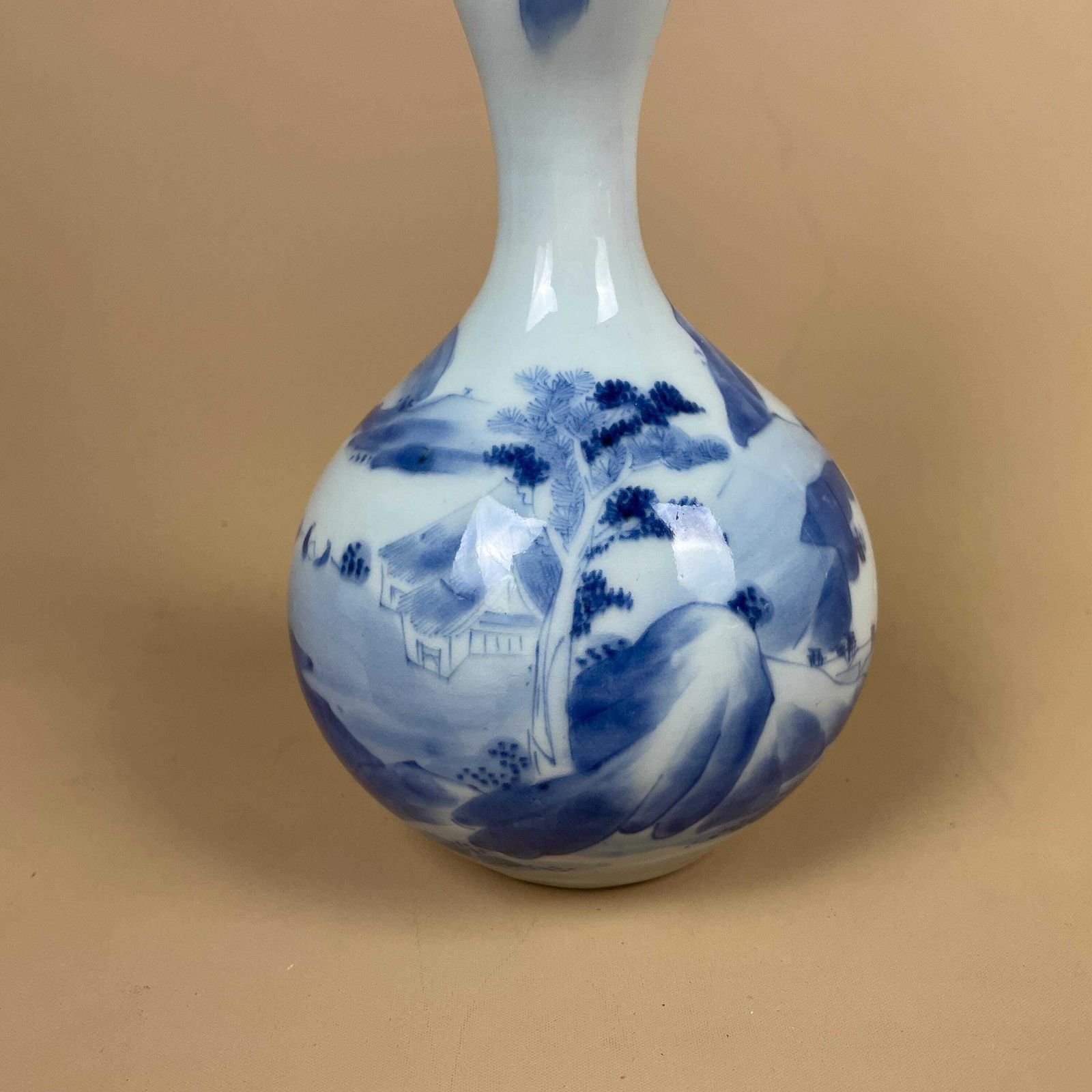 Vintage Japanese Vase Hand Painted Blue & White Decorative Ceramic Pot Thin Neck Table Windowsill Display Indoor Oriental Asian Scenic photo 55.0