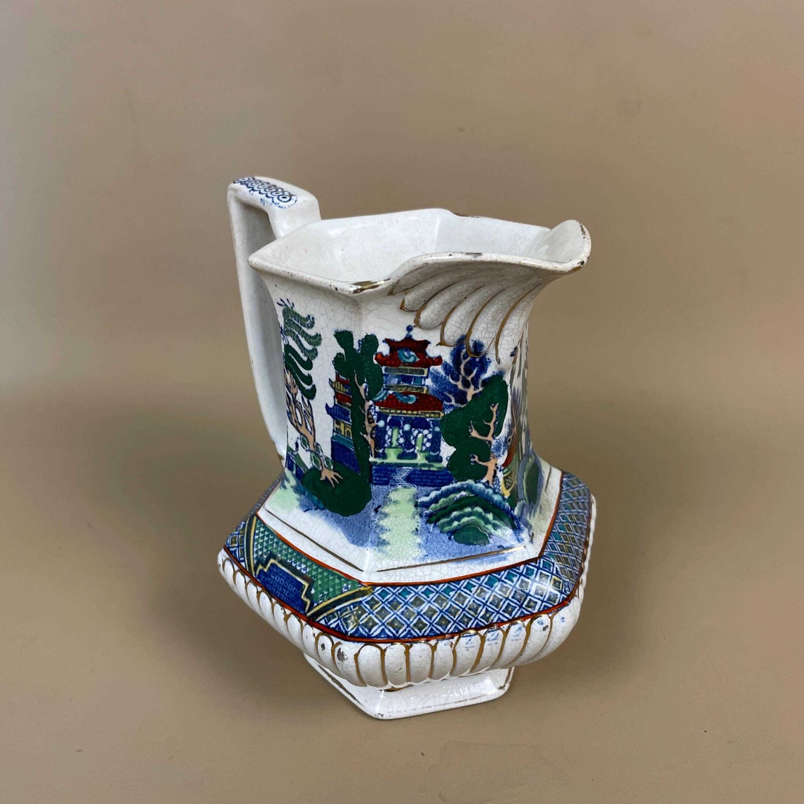Vintage Gater, Hall & Co Oriental Jug Vase Pitcher Chinoiserie Chinese Hand Painted Ceramic Porcelain Windowsill Table Flower Display photo for sale