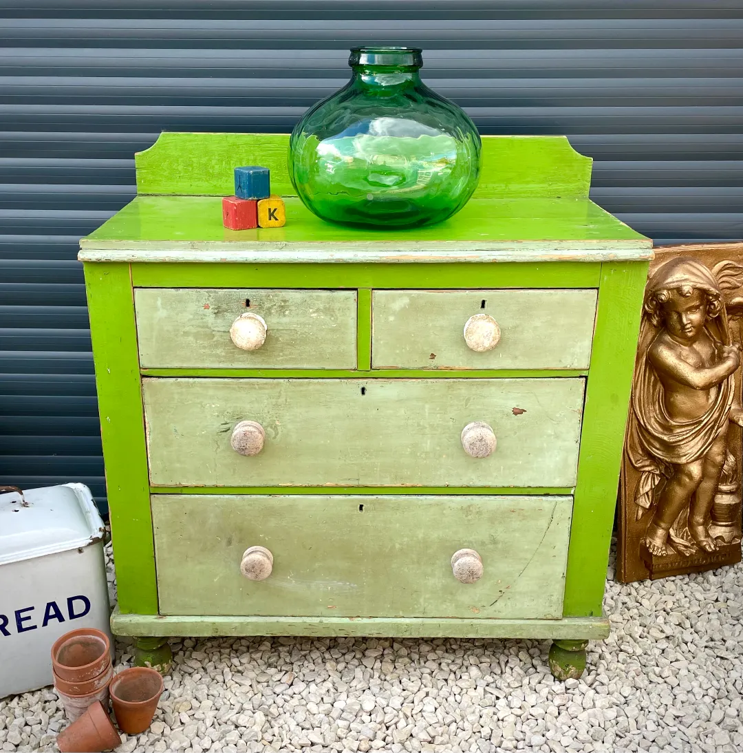 Original Green Painted Antique Pine Chest Of Drawers