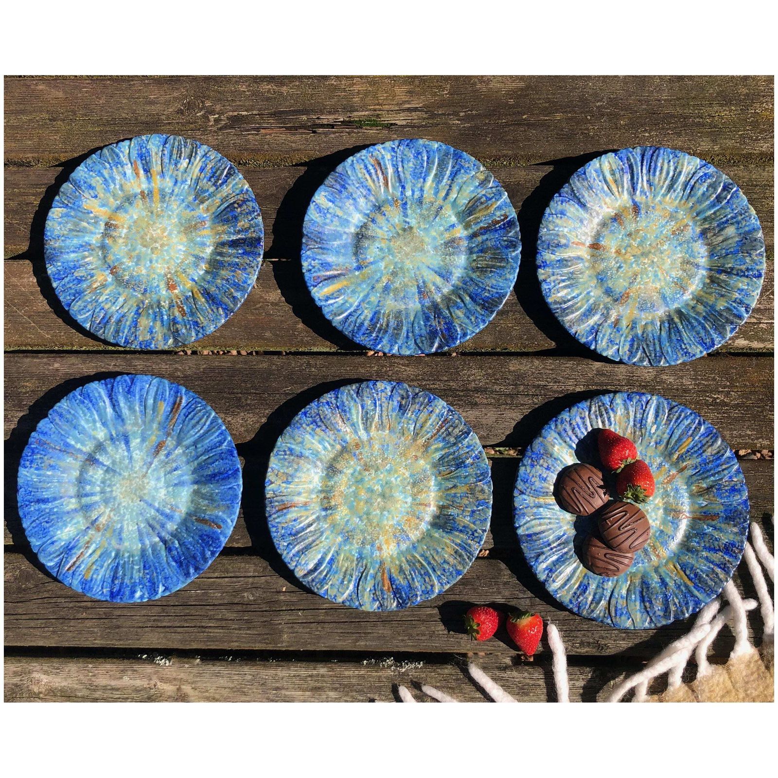 Antique Rare Bretby 1920's Art Pottery Plates X6 Blue Nerton Ware Pottery Plates Bretby Flowers Art Deco Bretby Hand Crafted Side Plates X6 photo for sale