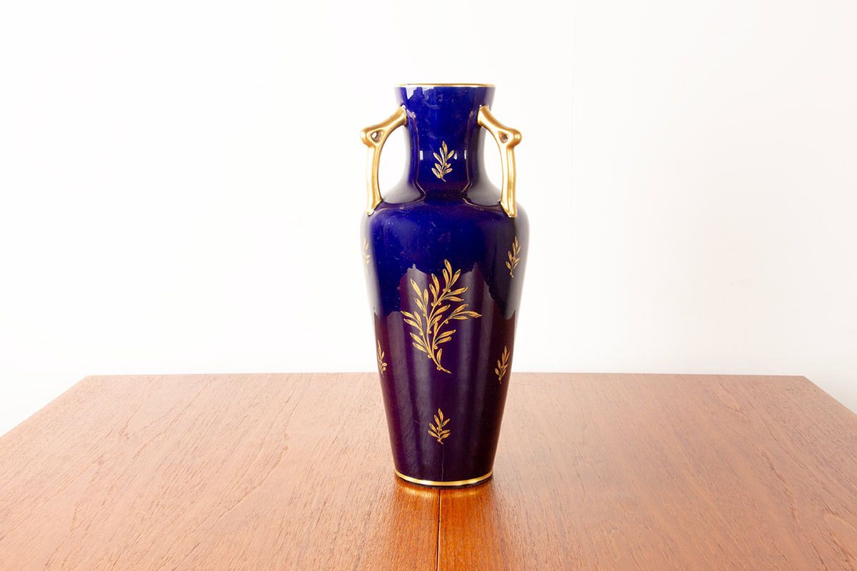 Large Neo Classical Style Porcelain Vase, Cobalt Blue And Gold Motifs, Pinon Heuzé Factory 1930.