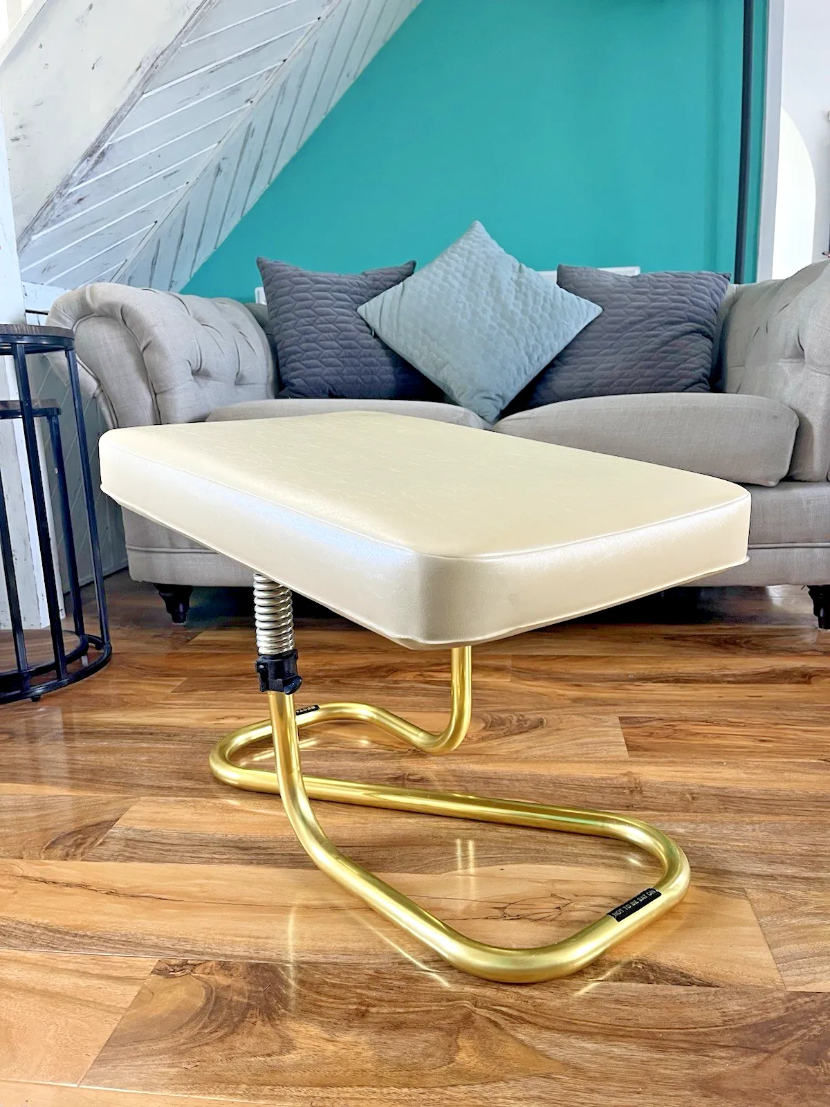 Stylish Mid Century 1960's Automatic Restaleg Cream Vinyl Foot Stool Pouffe 70's photo vinterior