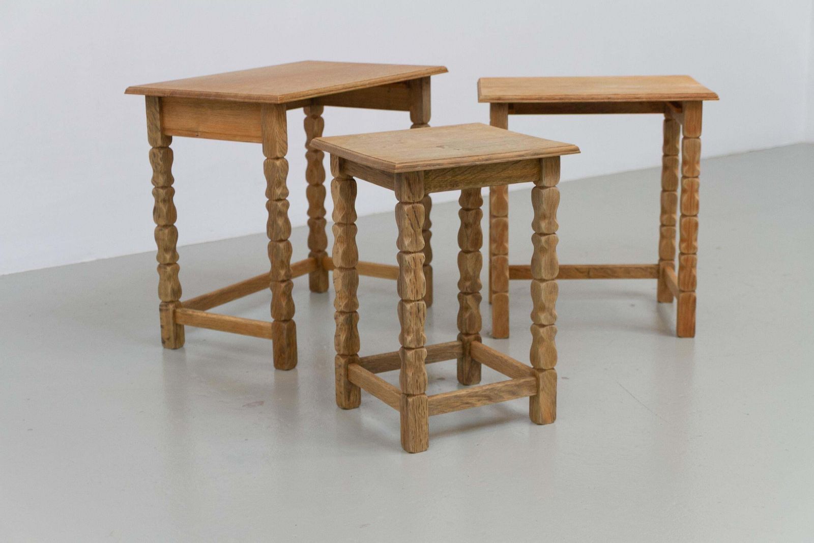 photo for sale Danish Brutalist Oak Nesting Tables In Kjærnulf Style, 1970s. Set Of 3.
