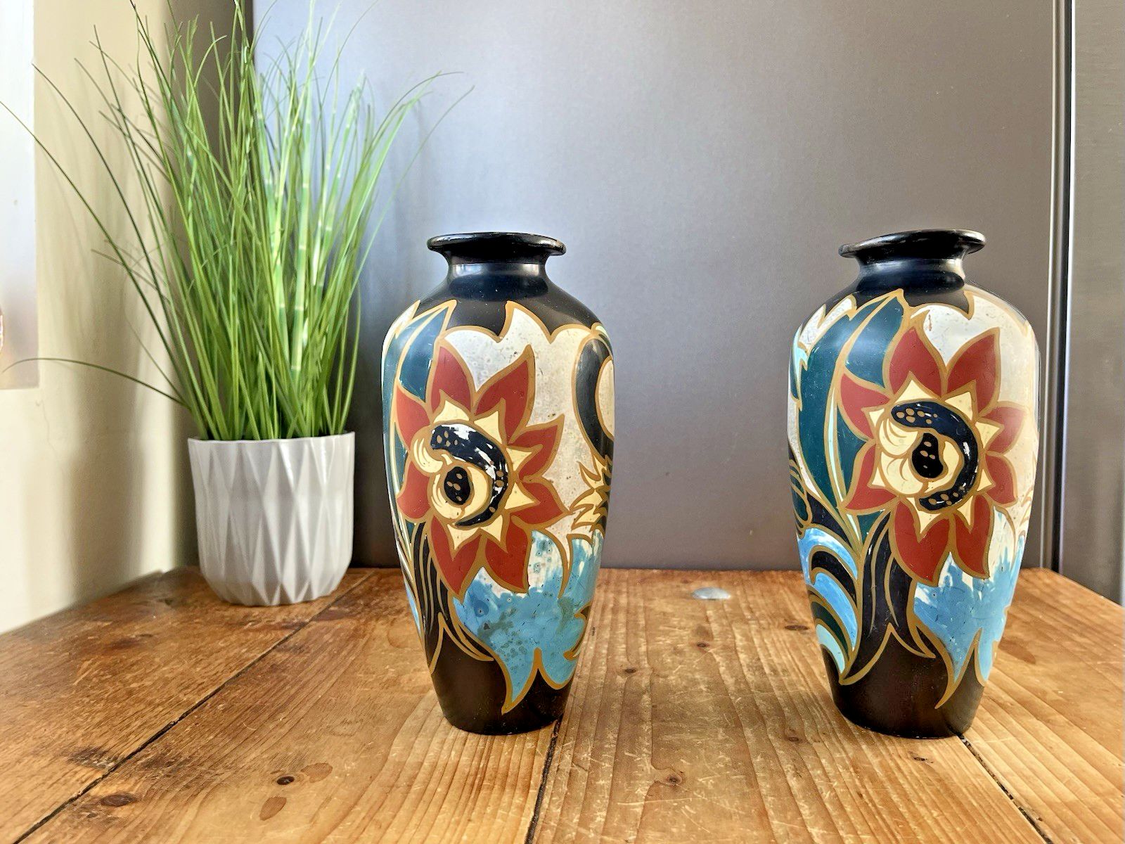 Stunning Pair Of Dutch Art Deco Metawa Tiel Guus Aesthetic Style Mantel Vases photo Home Decor