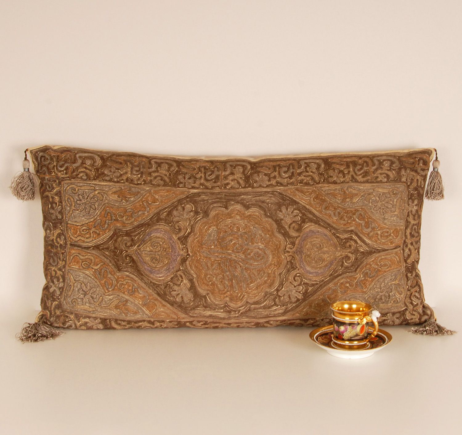 19th Century Ottoman Pillow Cushion Gold Metallic Thread Embroidered Silk Textile Tassels Down Tariff Free photo furniture