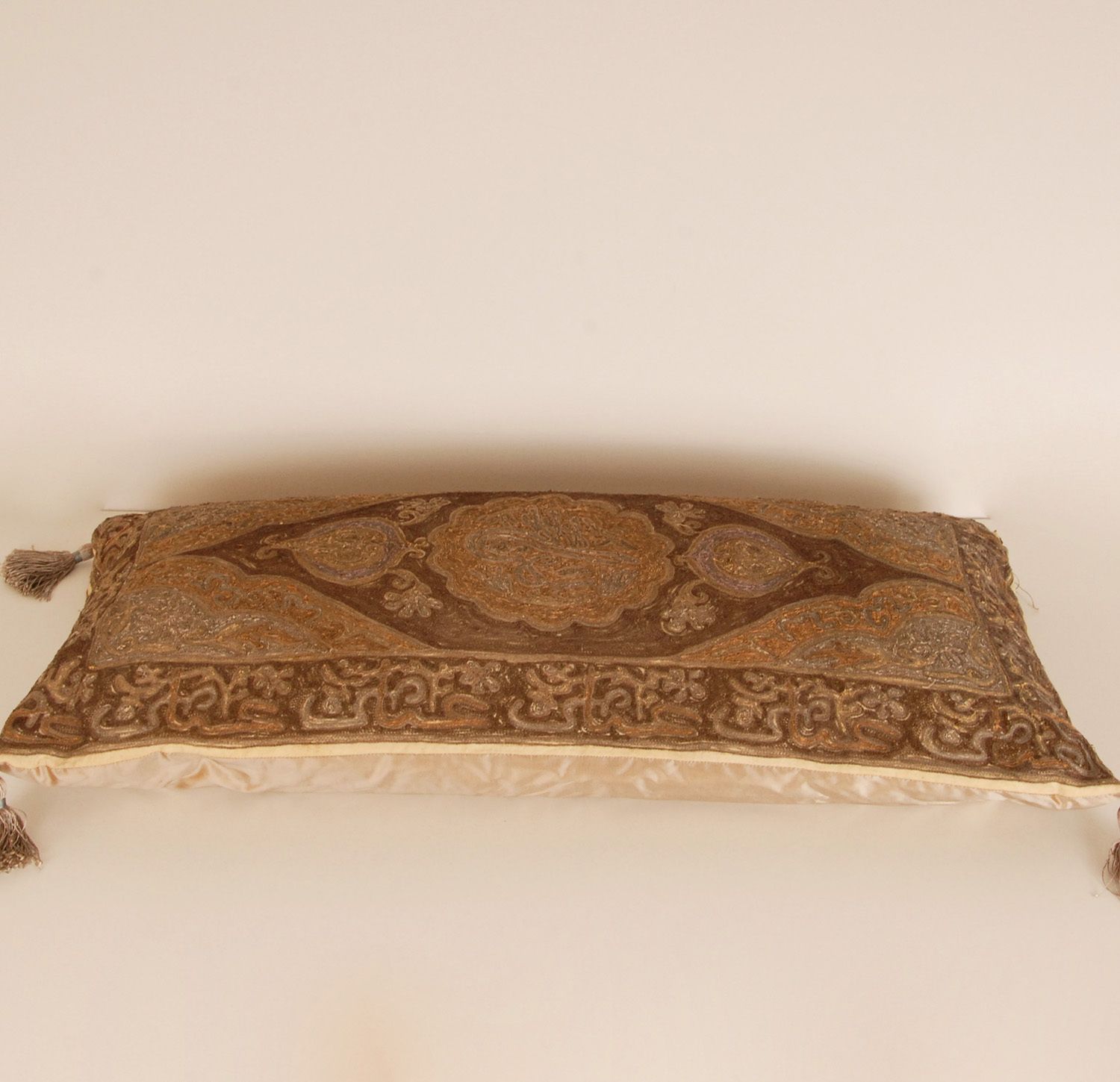 19th Century Ottoman Pillow Cushion Gold Metallic Thread Embroidered Silk Textile Tassels Down Tariff Free photo Textiles