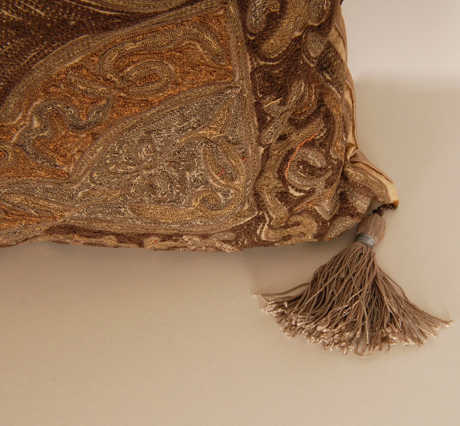 19th Century Ottoman Pillow Cushion Gold Metallic Thread Embroidered Silk Textile Tassels Down Tariff Free photo vintage