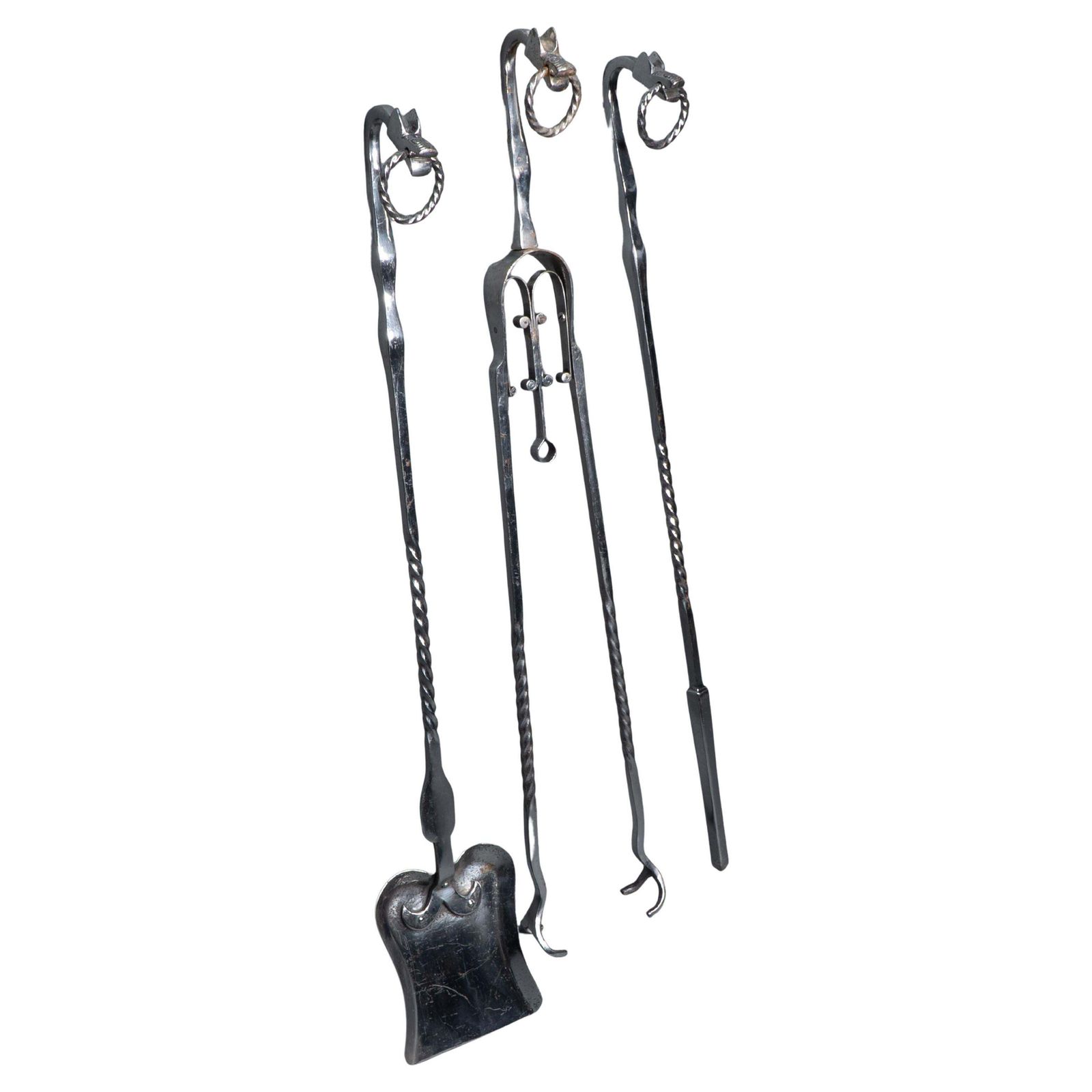 A Set Of Arts & Crafts Cotswold School Polished Steel Hand Wrought Fire Utensils