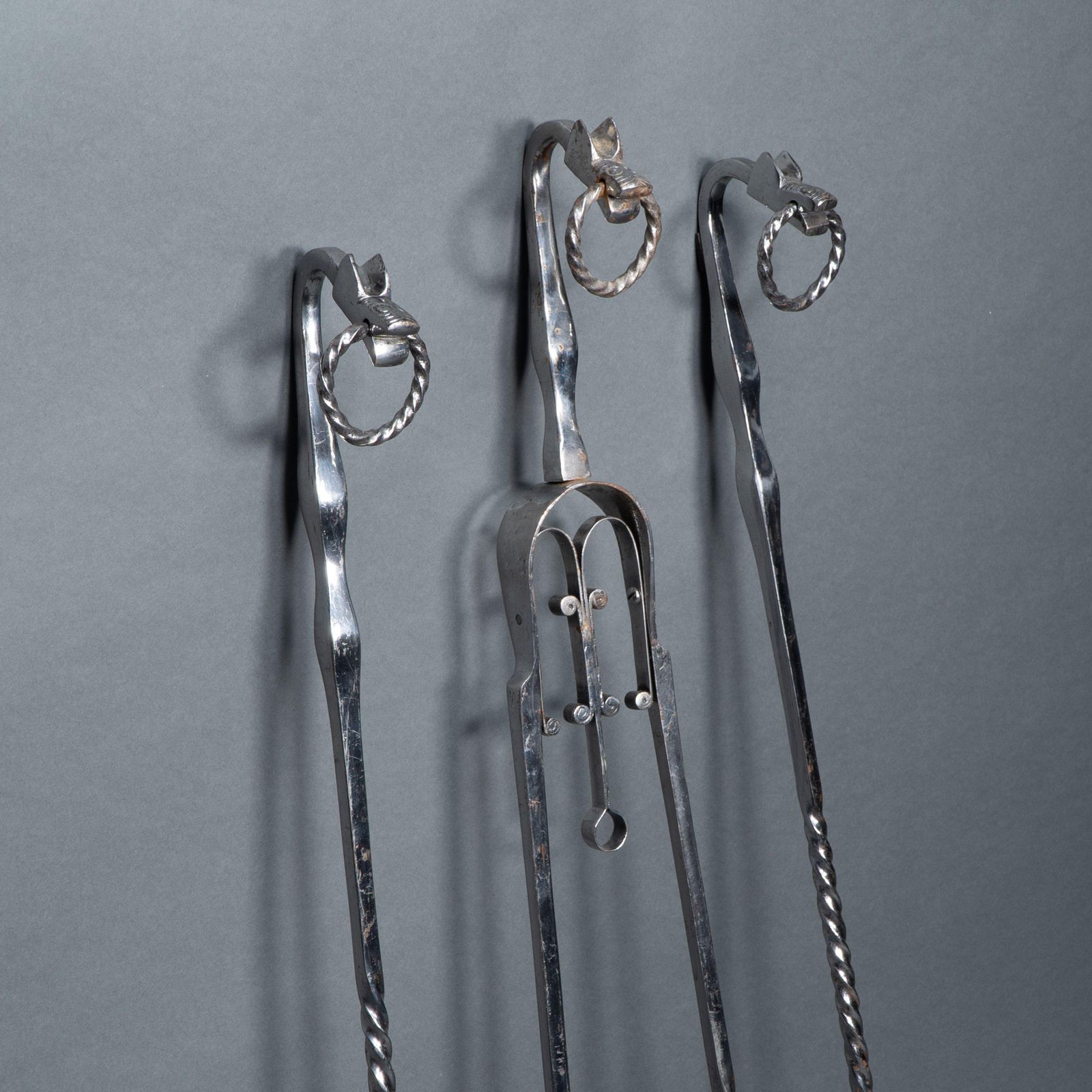 A Set Of Arts & Crafts Cotswold School Polished Steel Hand Wrought Fire Utensils photo for sale