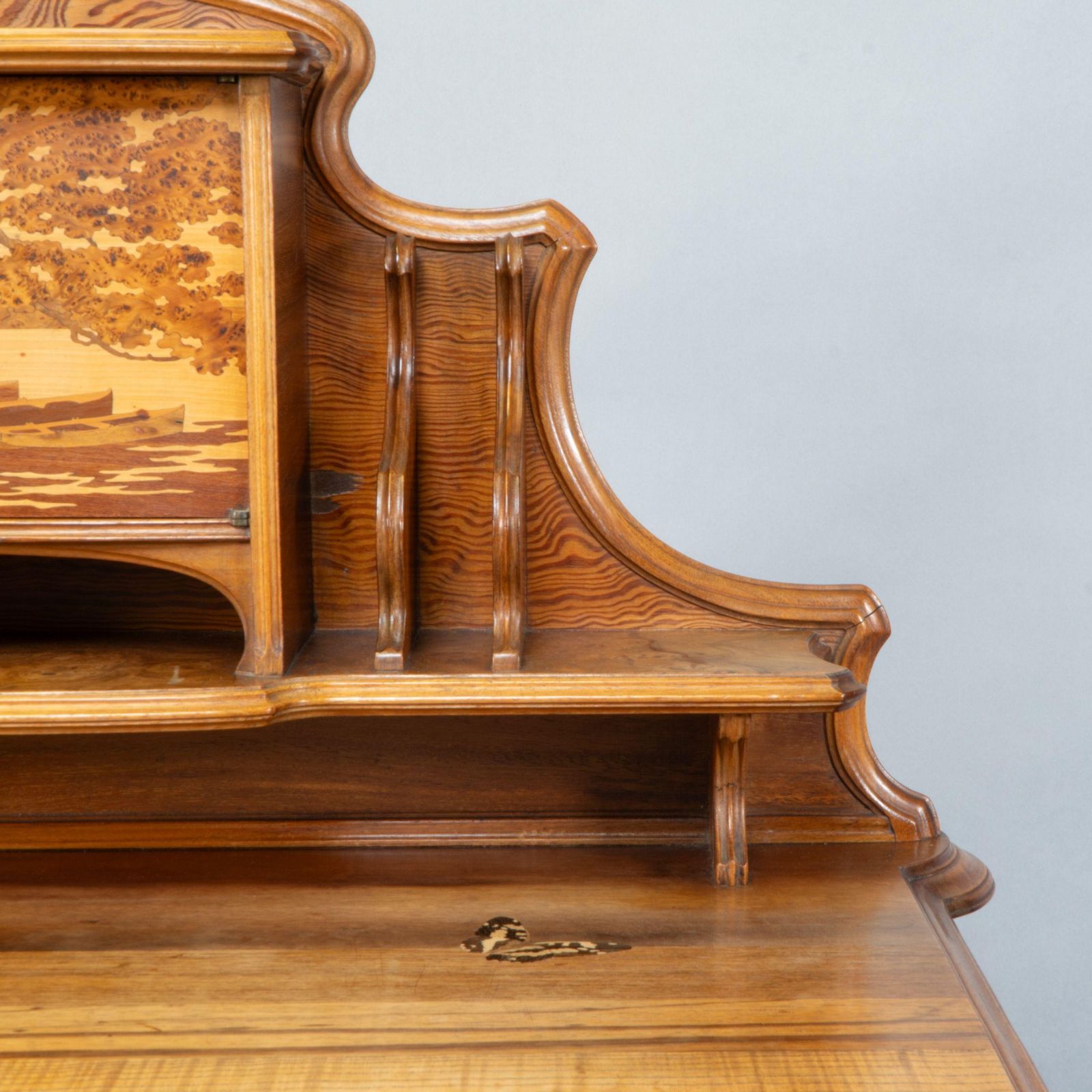 Emile Galle. An Art Nouveau Walnut Writing Desk With Exceptional Inlaid Scenery photo vintage