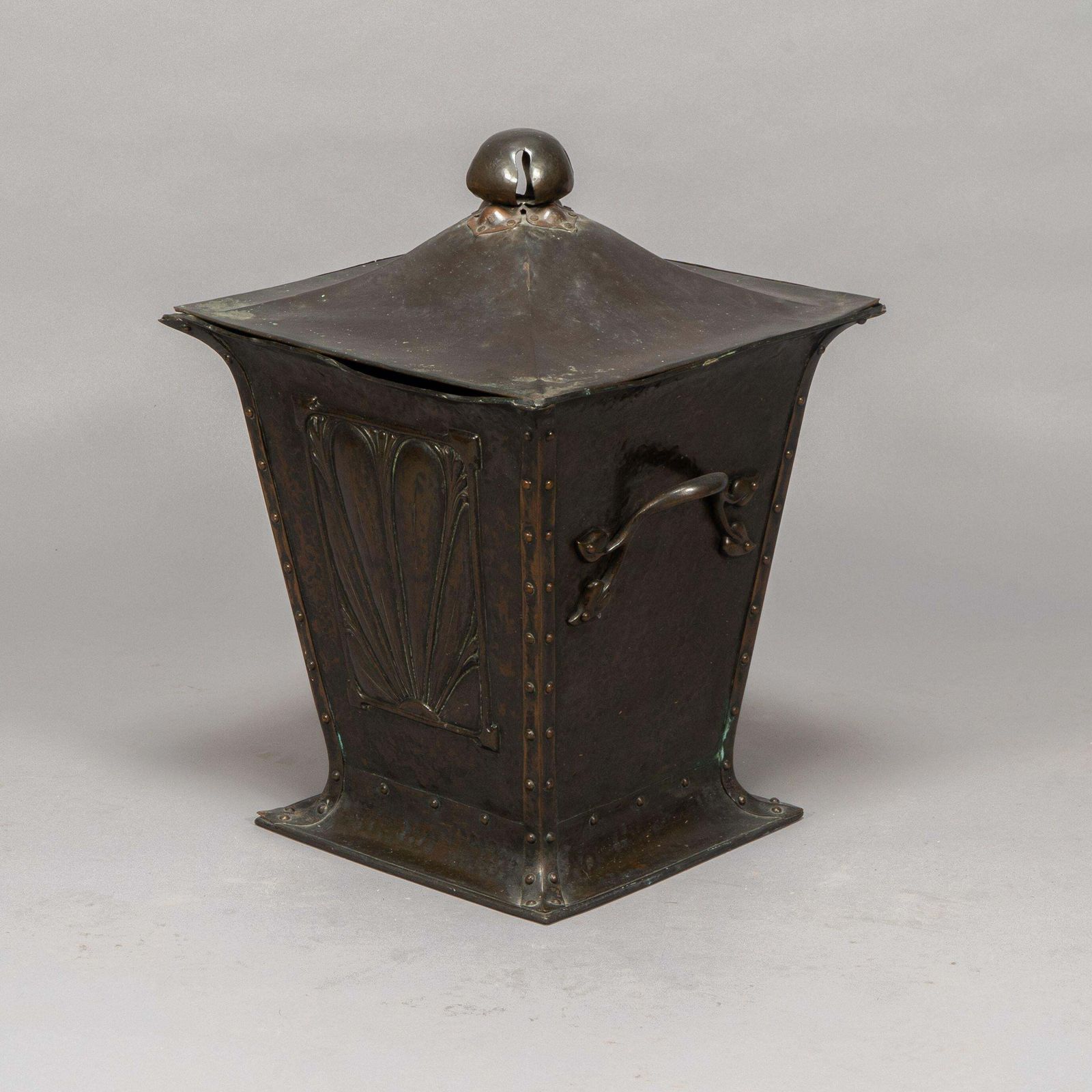 An Arts & Crafts Copper Conical Coal Bucket And Lid, With Hand Hammered Sun Rise photo furniture