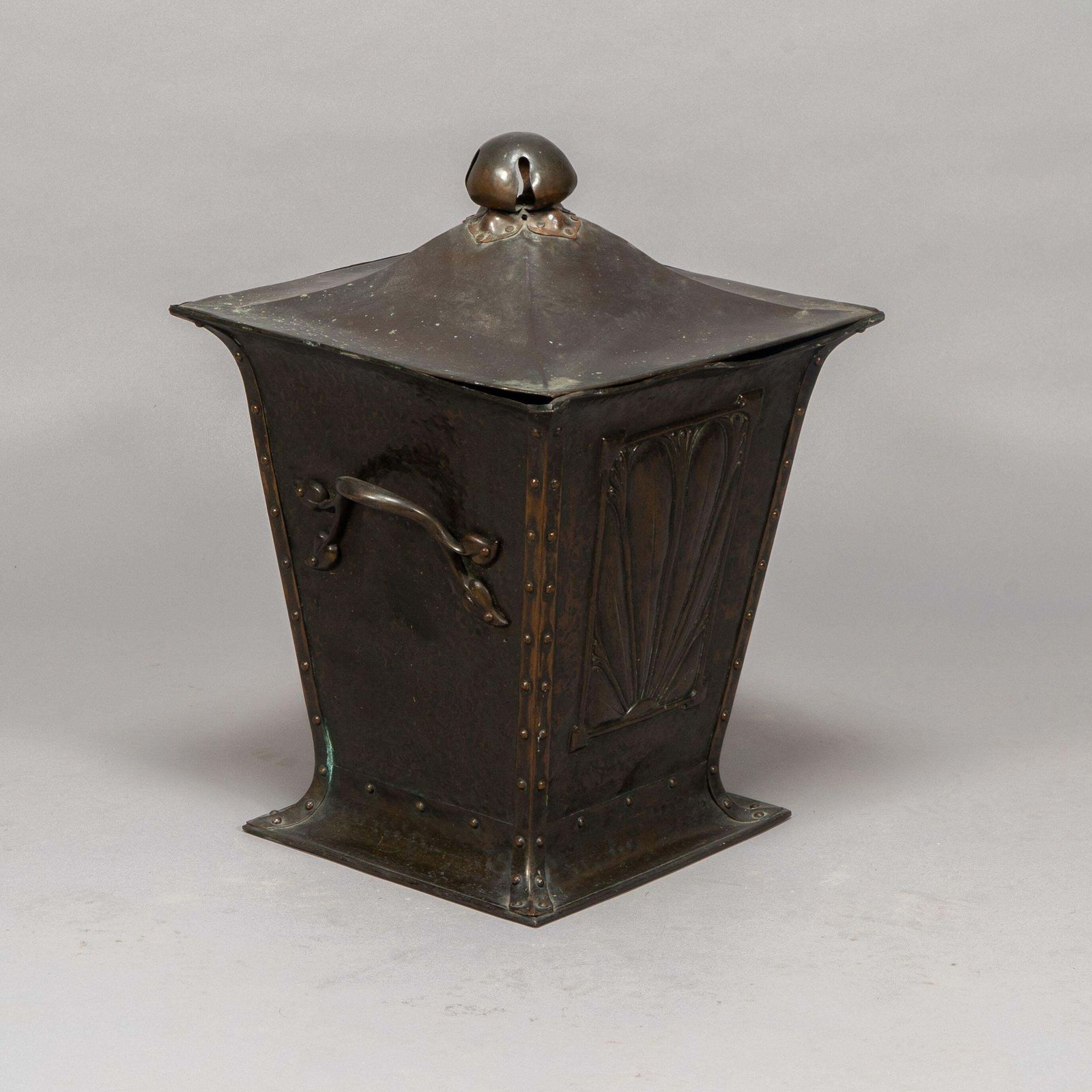 An Arts & Crafts Copper Conical Coal Bucket And Lid, With Hand Hammered Sun Rise photo for sale