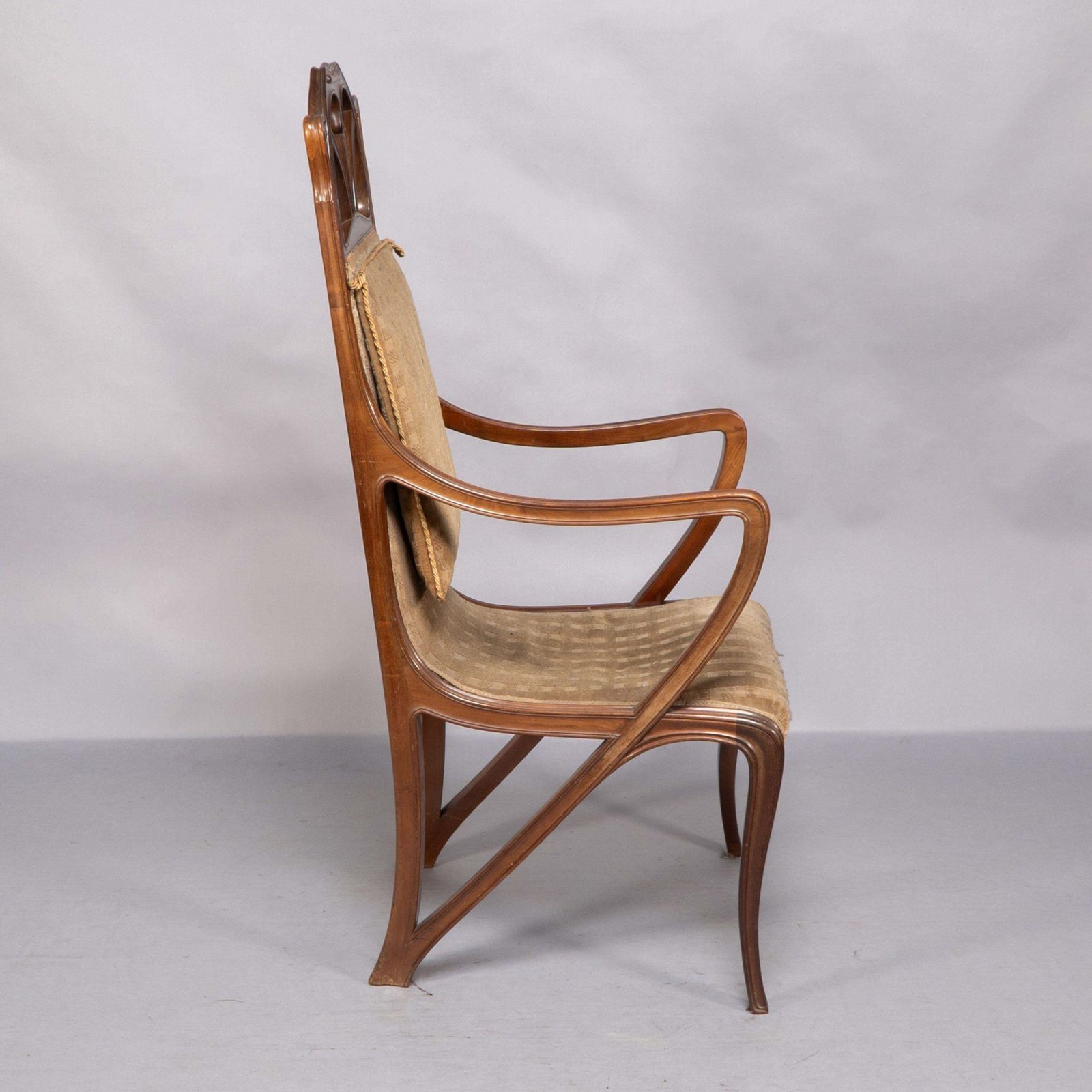 Louis Majorelle. Art Nouveau Carved Walnut Armchair With Original Period Fabric photo vintage