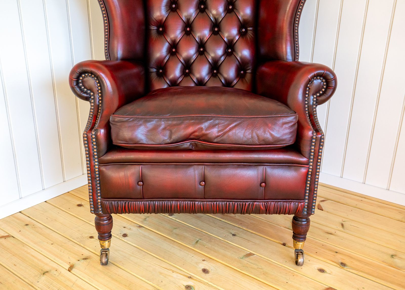 Furniture Harrods Wingback Chesterfield Armchair Georgian Style Oxblood Red 1990s Casters Fireside Chair Fine Country House photo