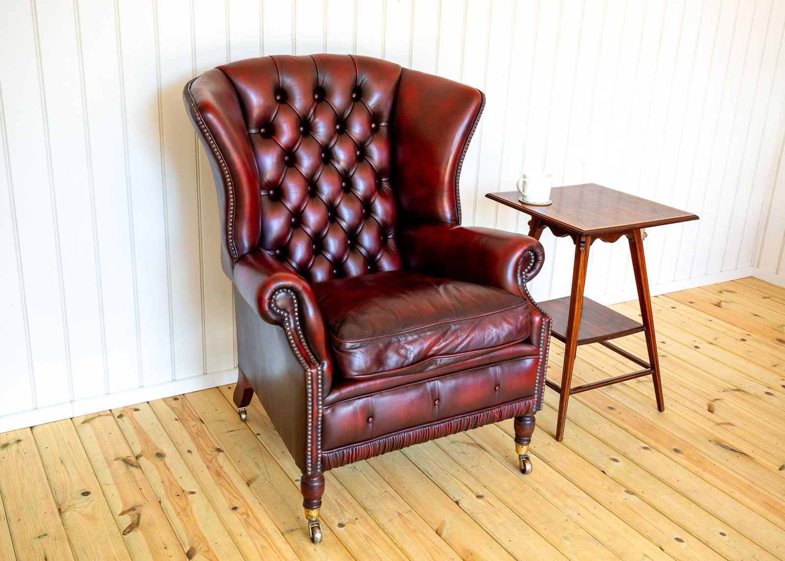 Harrods Wingback Chesterfield Armchair Georgian Style Oxblood Red 1990s Casters Fireside Chair Fine Country House photo furniture
