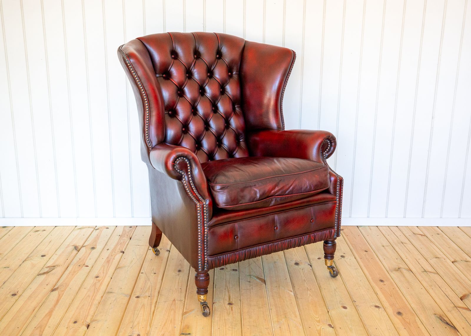 Harrods Wingback Chesterfield Armchair Georgian Style Oxblood Red 1990s Casters Fireside Chair Fine Country House photo vintage