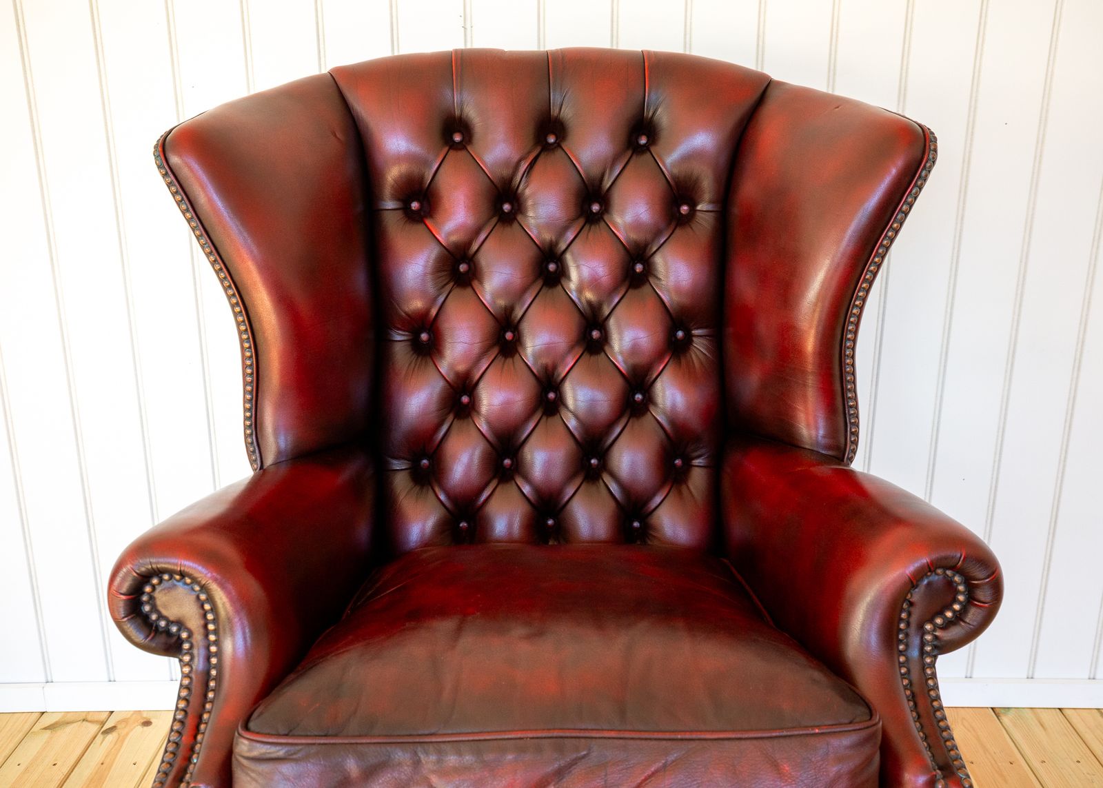 photo buy Harrods Wingback Chesterfield Armchair Georgian Style Oxblood Red 1990s Casters Fireside Chair Fine Country House