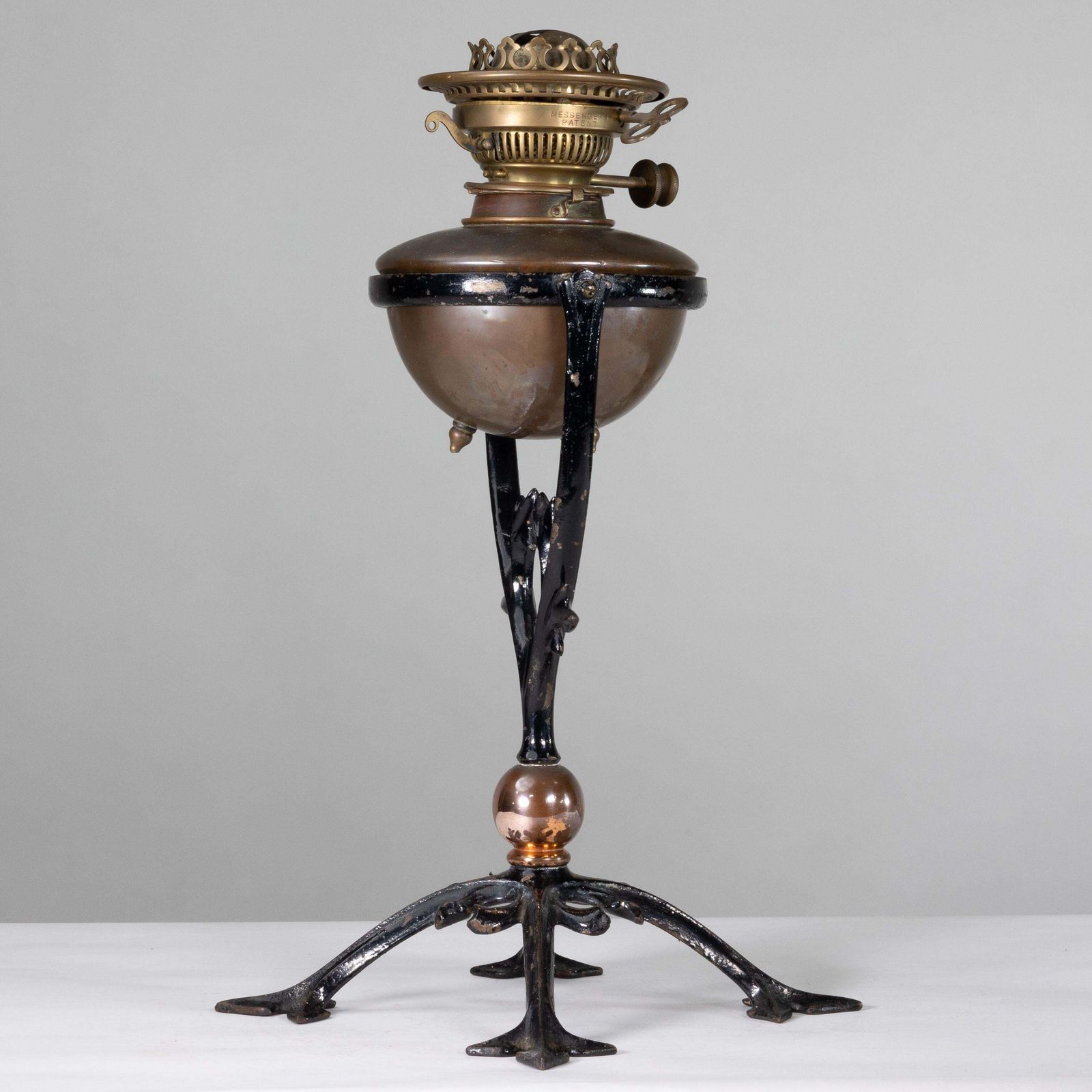 Was Benson. An Arts And Crafts Cast Iron Four Leg Table Oil Lamp photo Lighting