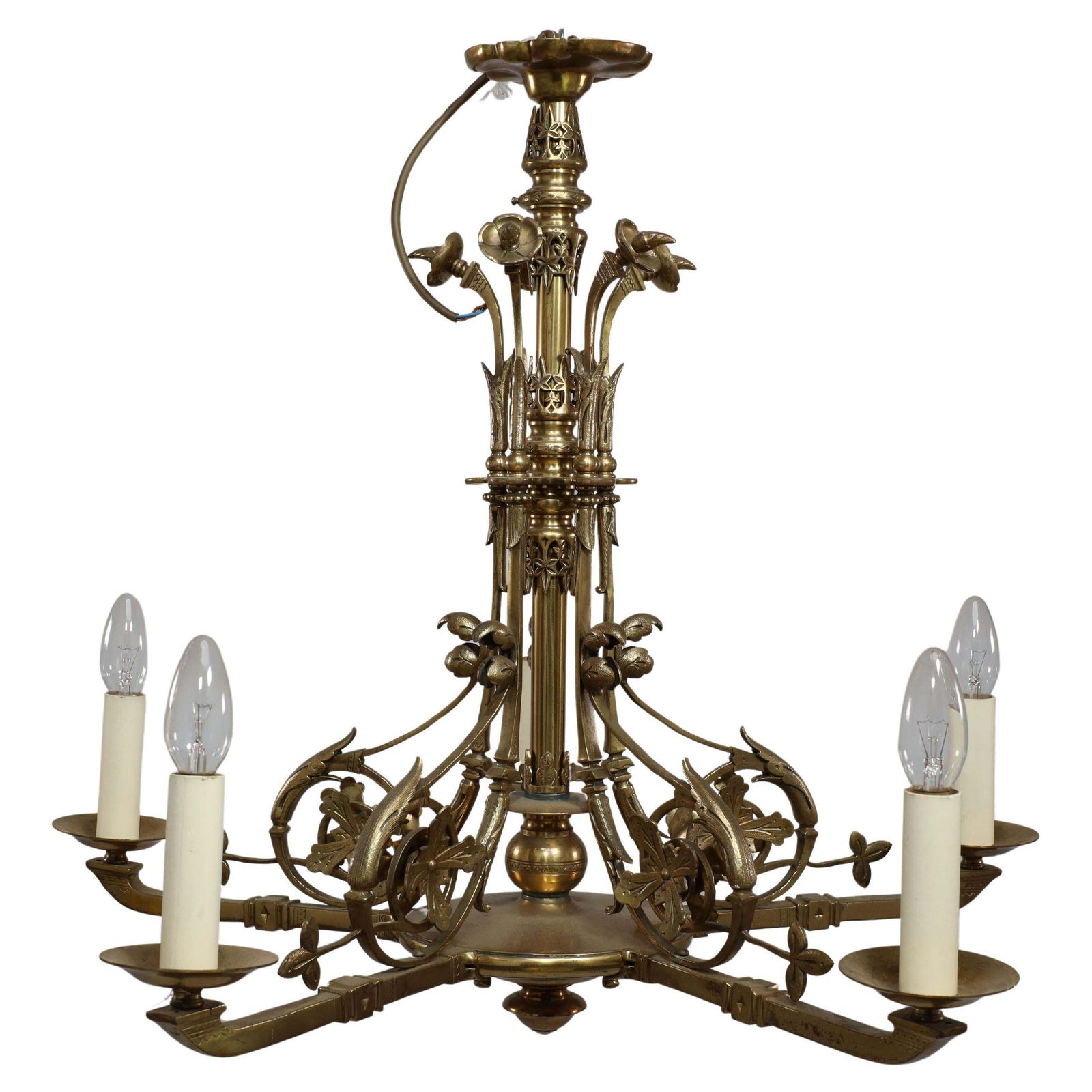 DR Christopher Dresser (Manner). An Aesthetic Movement Brass Five Arm Chandelier