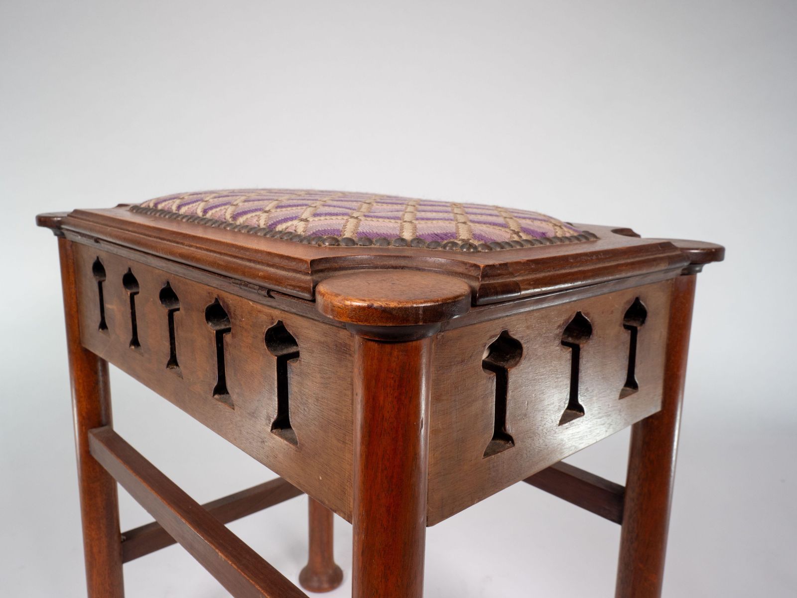 Furniture Liberty & Co Attri. Glasgow School Walnut Piano Stool W. Storage Under The Seat photo