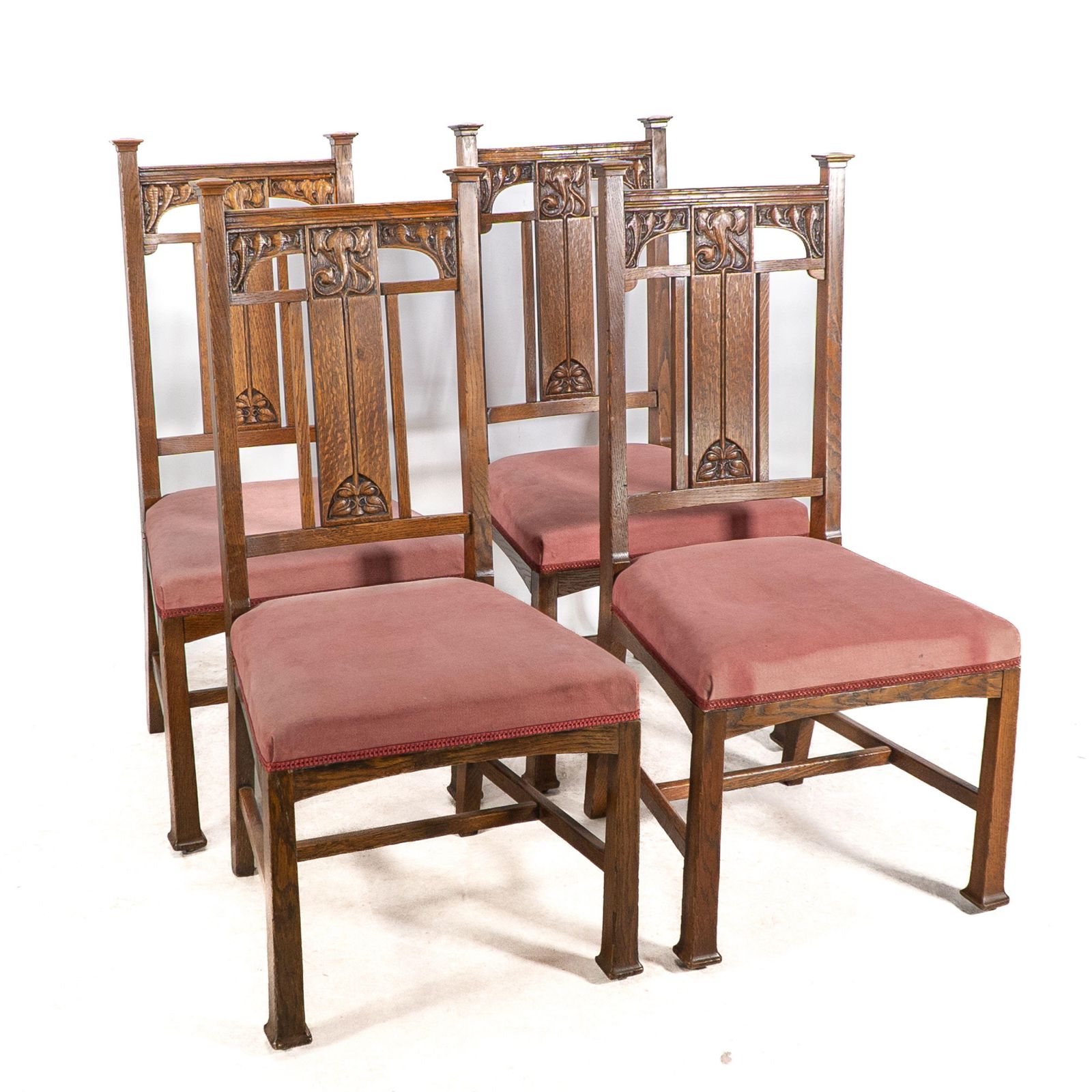 Robson & Sons. Set Of 4 Arts & Crafts Oak Dining Chairs With Carved Floral Backs photo for sale