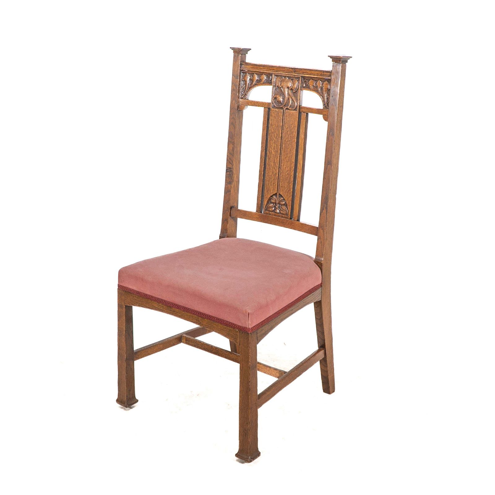 Robson & Sons. Set Of 4 Arts & Crafts Oak Dining Chairs With Carved Floral Backs photo vinterior
